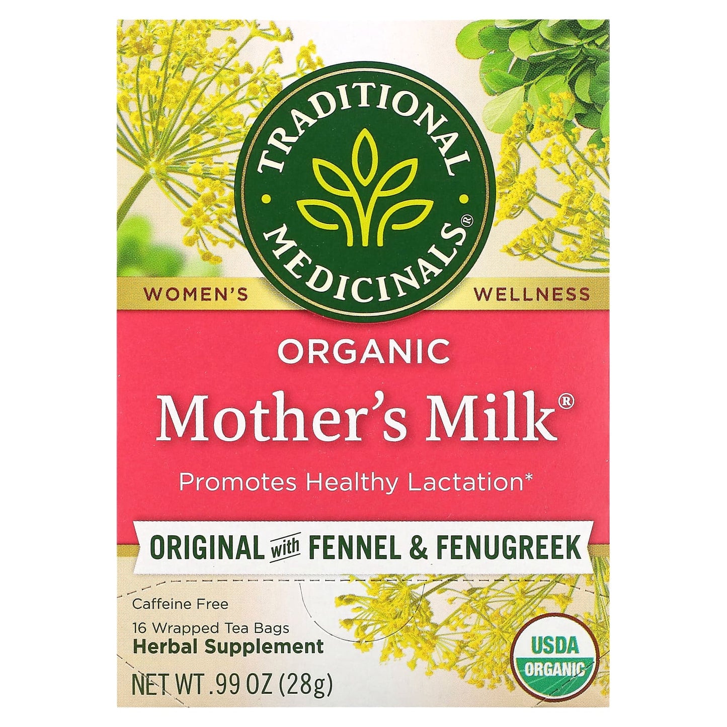 Traditional Medicinals-Organic Mother's Milk-Original with Fennel & Fenugreek-Caffeine Free-16 Wrapped Tea Bags-0.06 oz (1.75 g) Each