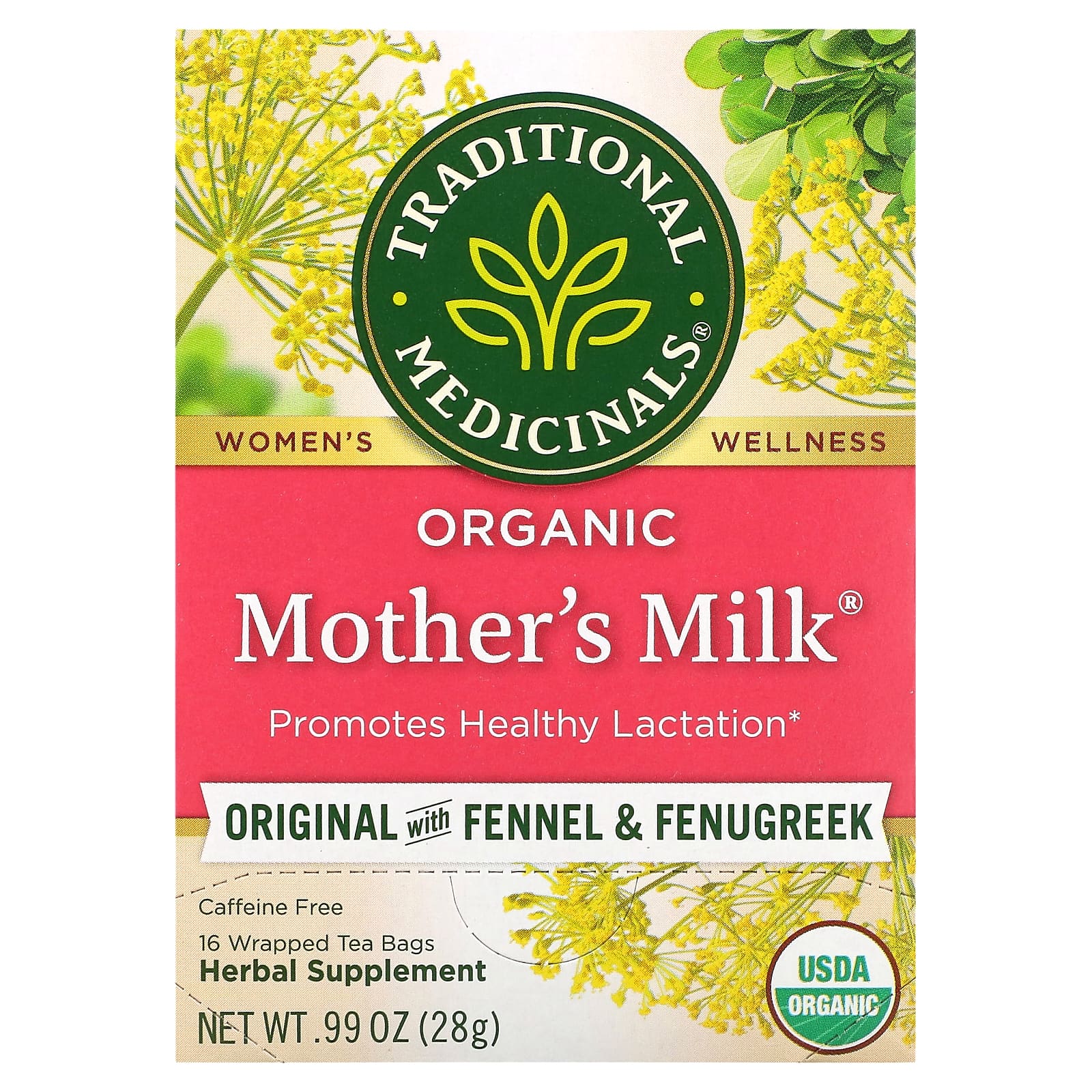 Traditional Medicinals-Organic Mother's Milk-Original with Fennel & Fenugreek-Caffeine Free-16 Wrapped Tea Bags-0.06 oz (1.75 g) Each