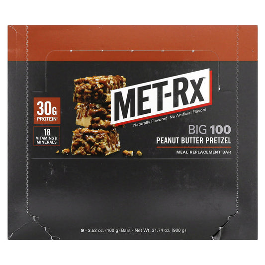 MET-Rx-Big 100-Meal Replacement Bar-Peanut Butter Pretzel-9 Bars-3.52 oz (100 g) Each