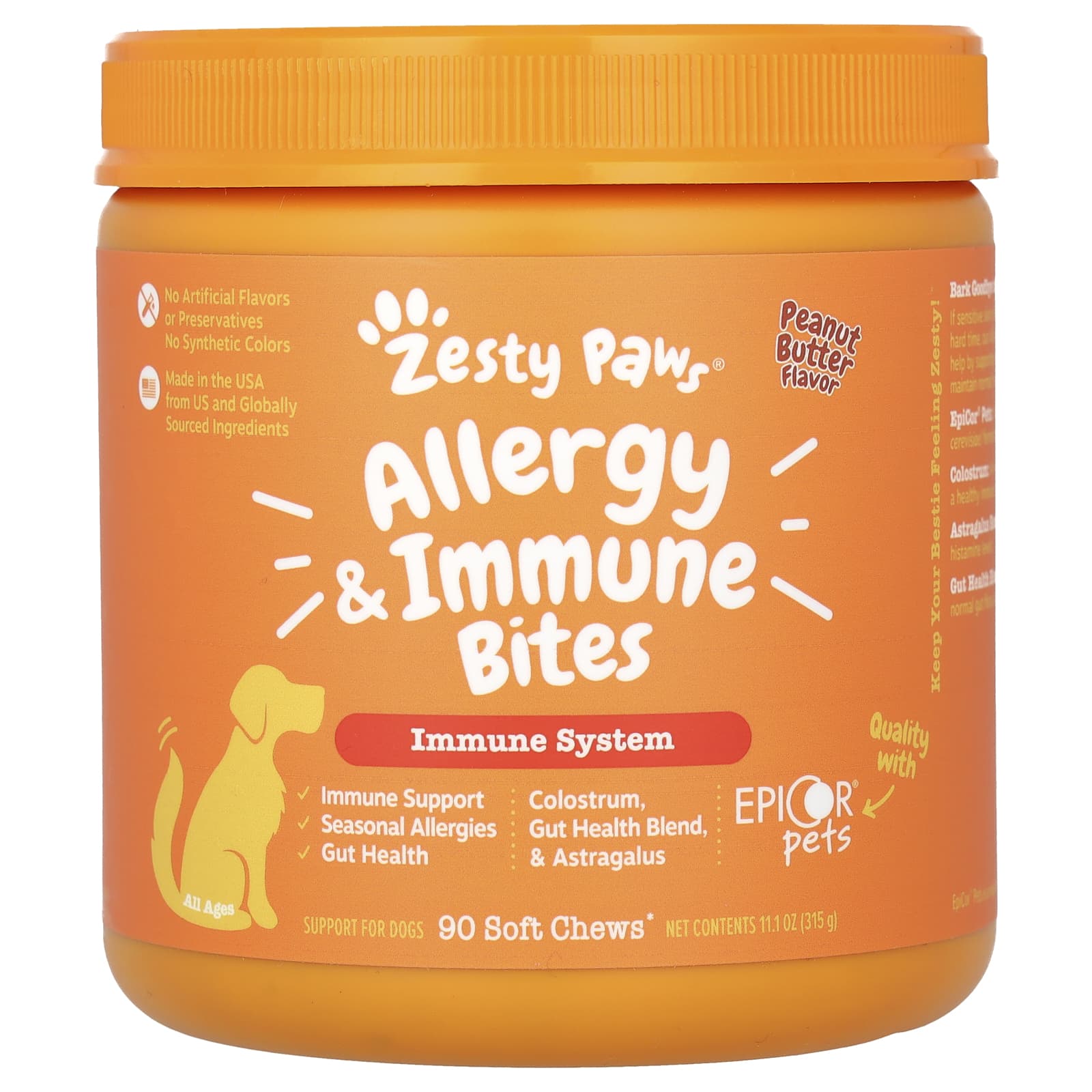 Zesty Paws-Allergy & Immune Bites-For Dogs-All Ages-Peanut Butter-90 Soft Chews-11.1 oz (315 g)