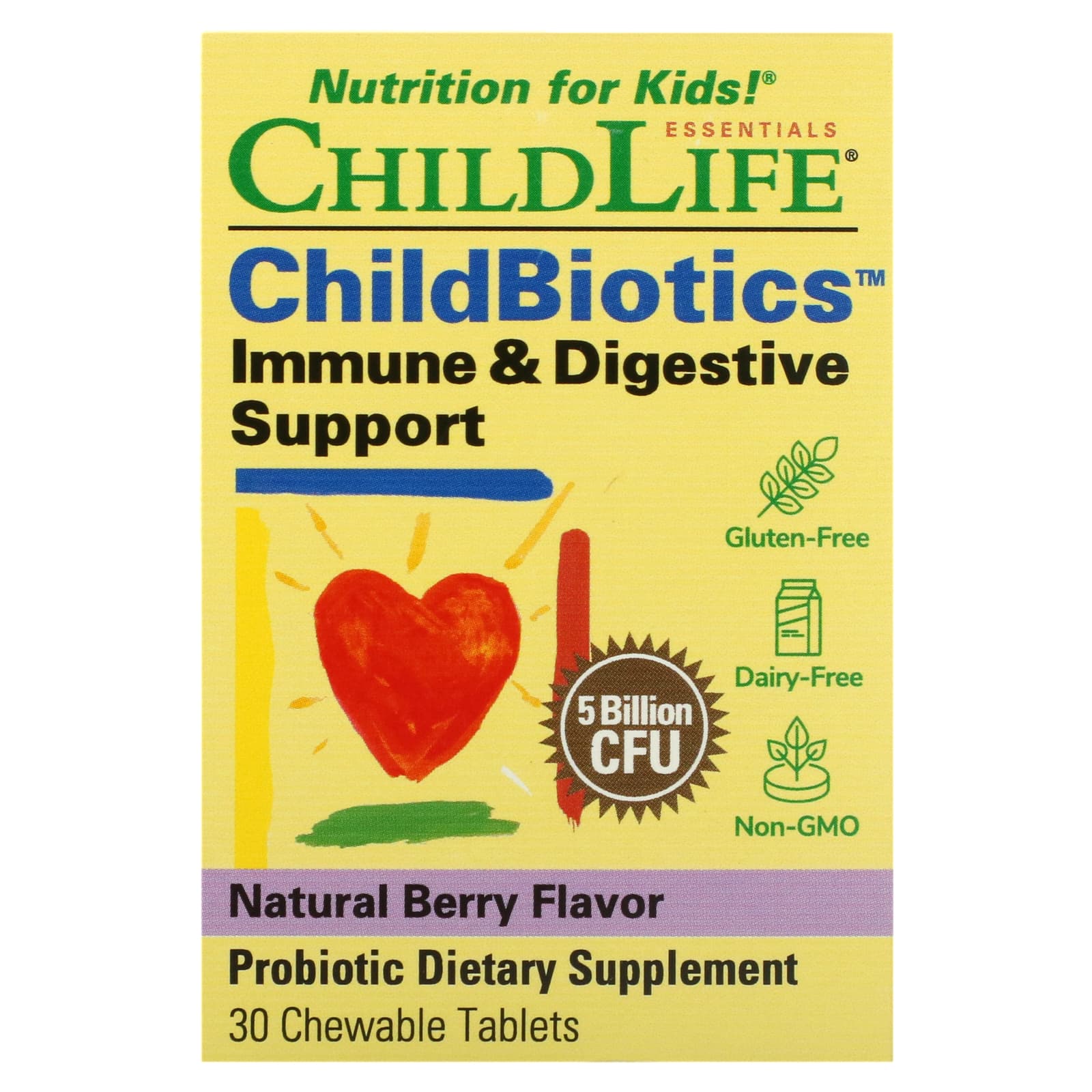 ChildLife Essentials-ChildBiotics-Immune & Digestive Support-Natural Berry-5 Billion CFU-30 Chewable Tablets