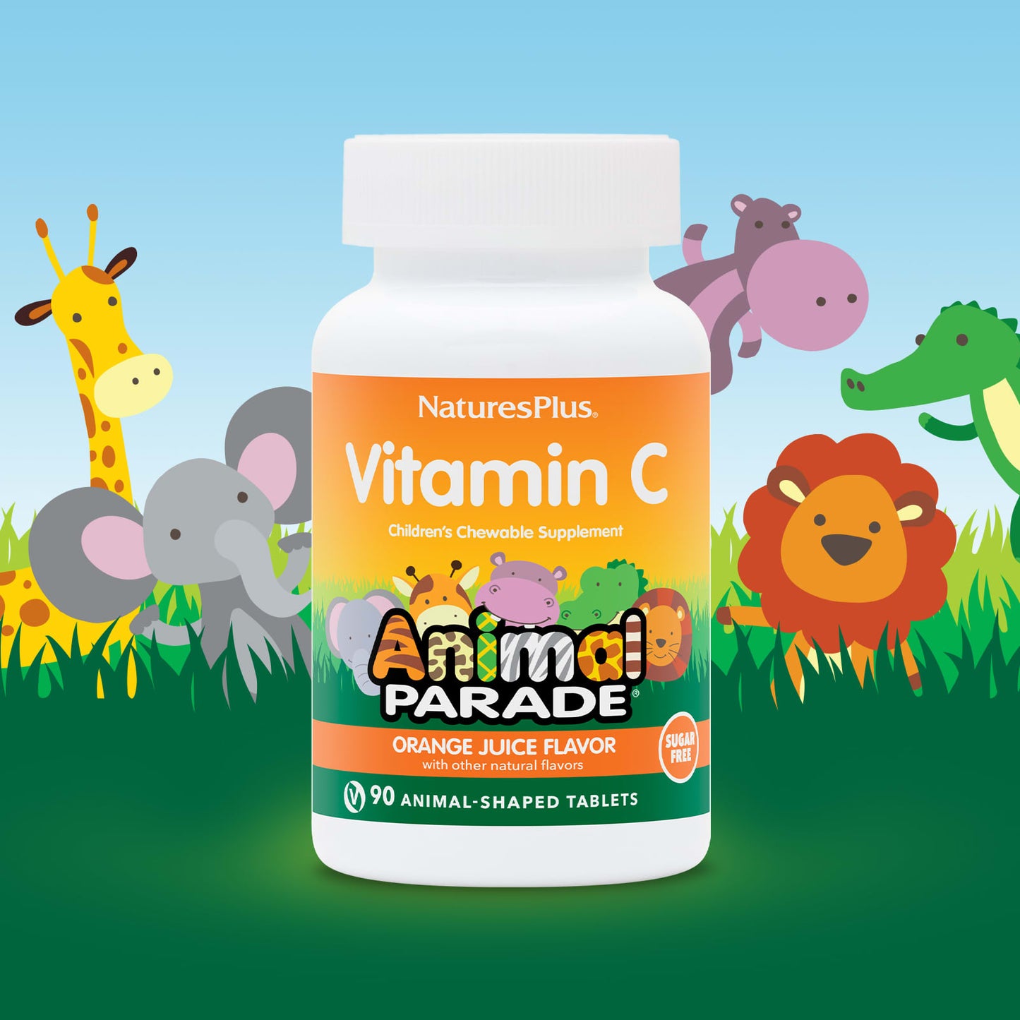 NaturesPlus, Animal Parade, Vitamin C, Children's Chewable Supplement, Sugar Free, Orange Juice, 90 Animal-Shaped Tablets