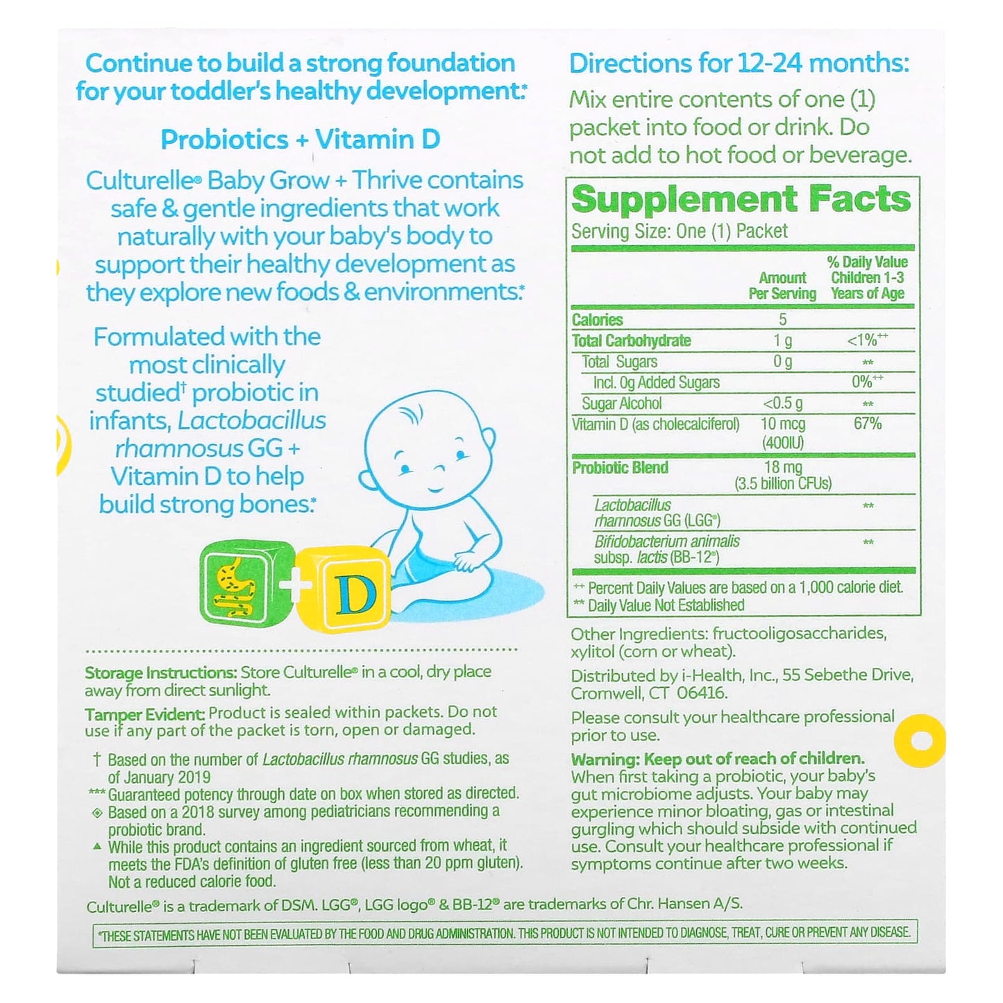 Culturelle, Probiotics, Baby, Grow + Thrive, Probiotics + Vitamin D Packets, 12-24 Months, Unflavored, 30 Packets