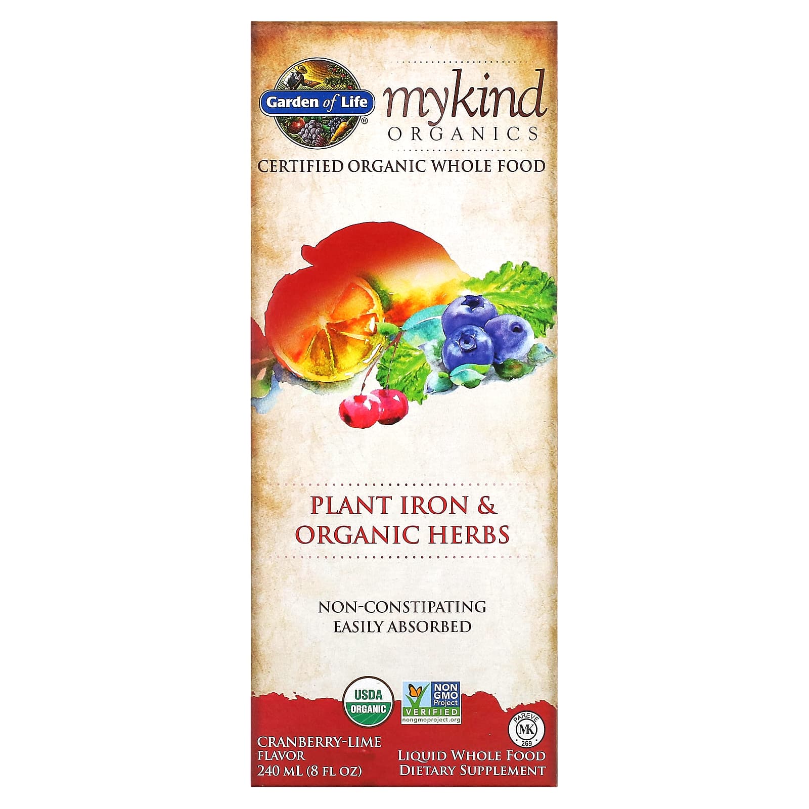 Garden of Life-MyKind Organics-Plant Iron & Organic Herbs-Cranberry-Lime-8 fl oz (240 ml)