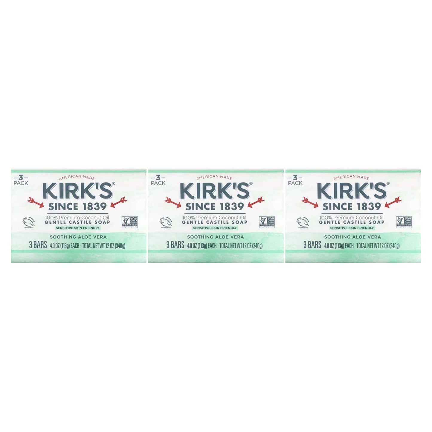 Kirk's-Gentle Castile Soap-Soothing Aloe Vera-3 Bars-4 oz (113 g) Each