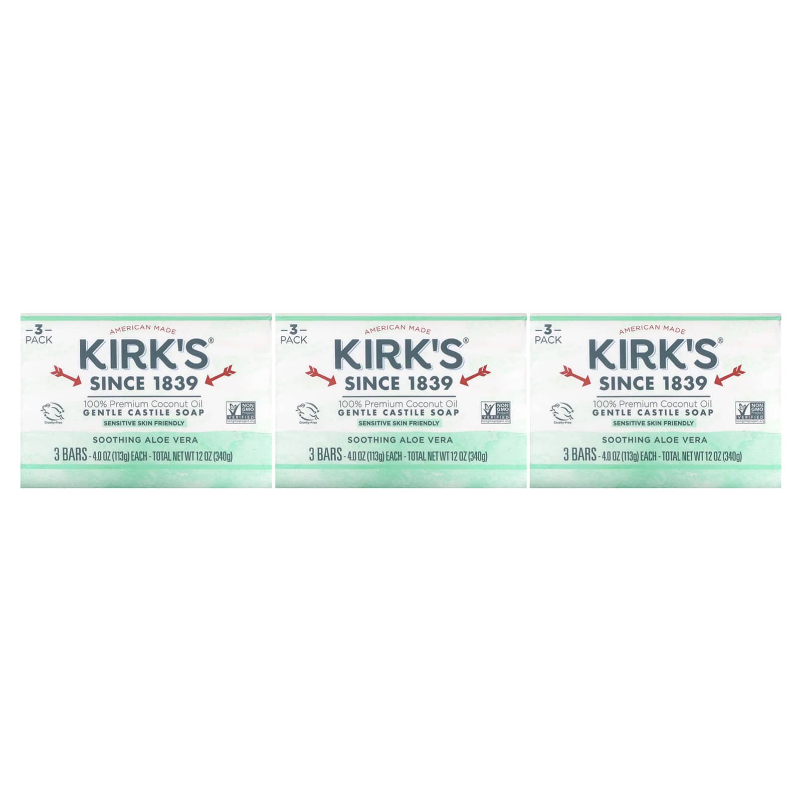 Kirk's-Gentle Castile Soap-Soothing Aloe Vera-3 Bars-4 oz (113 g) Each