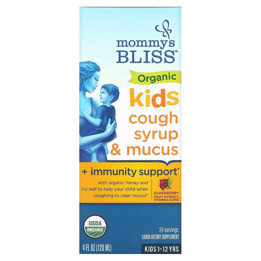 Mommy's Bliss-Kids-Organic Cough Syrup & Mucus + Immunity Support-1-12 Yrs-Elderberry-4 fl oz (120 ml)