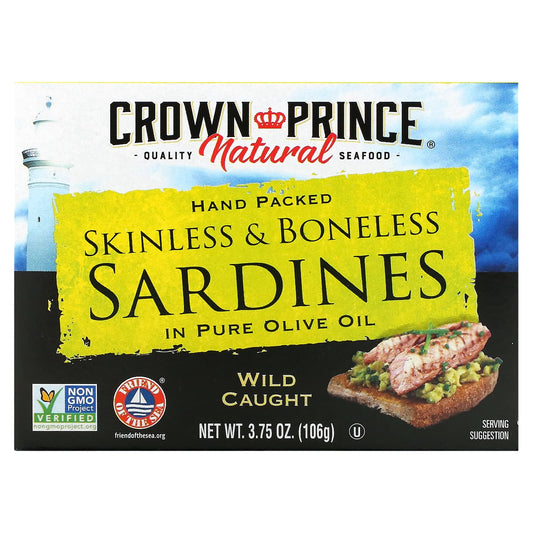 Crown Prince Natural-Skinless & Boneless Sardines-In Pure Olive Oil-3.75 oz (106 g)