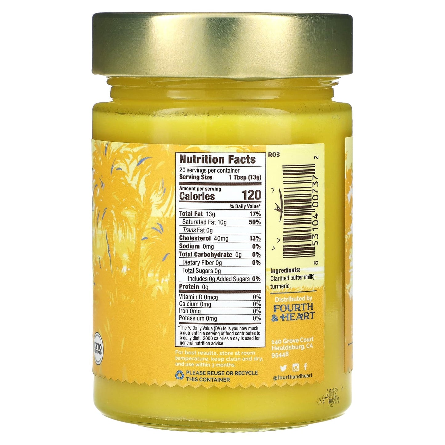 4th & Heart, Ghee Clarified Butter, Grass-Fed, Turmeric, 9 oz (255 g)