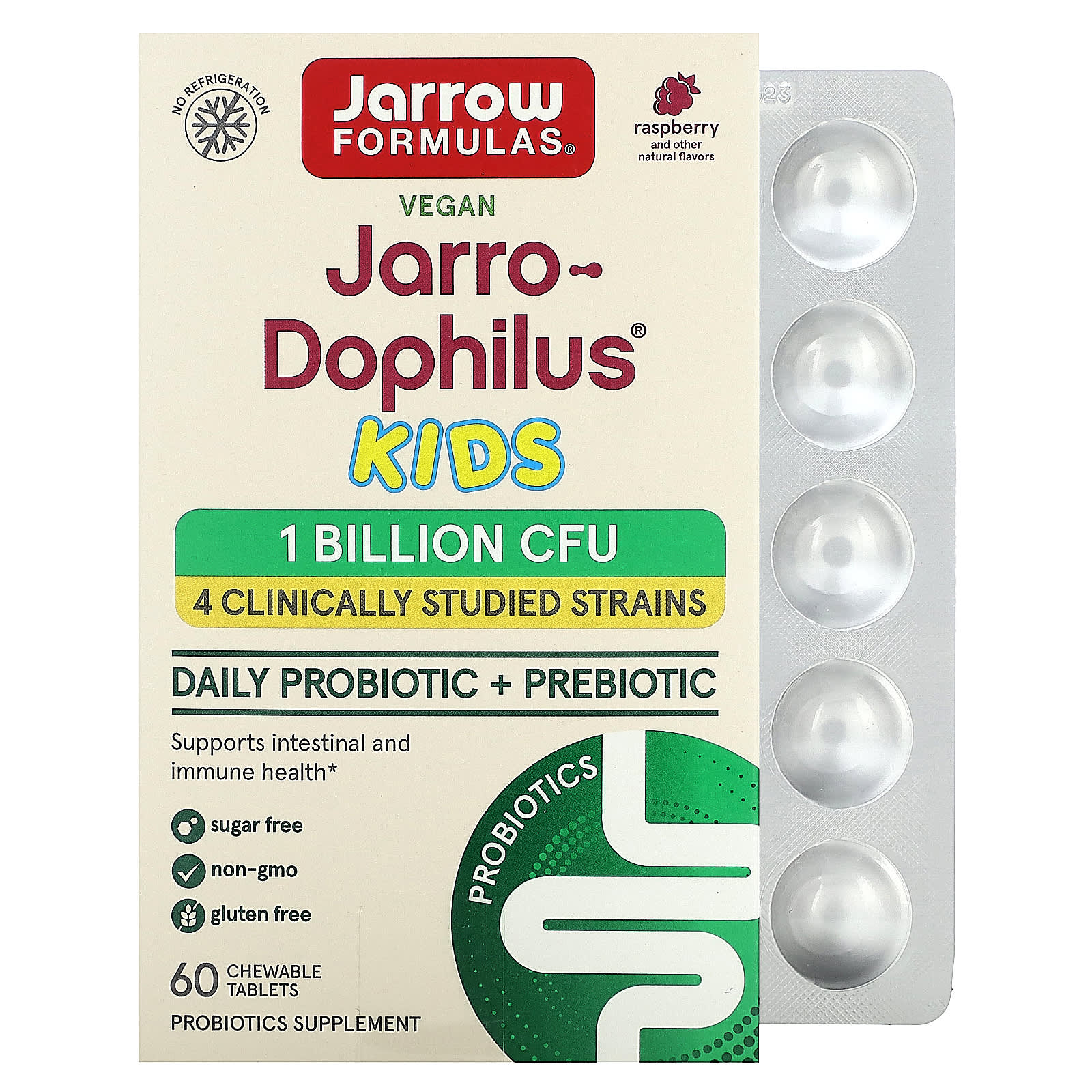 Jarrow Formulas-Jarro-Dophilus Kids-Daily Probiotic + Prebiotic-Raspberry-1 Billion CFU-60 Chewable Tablets