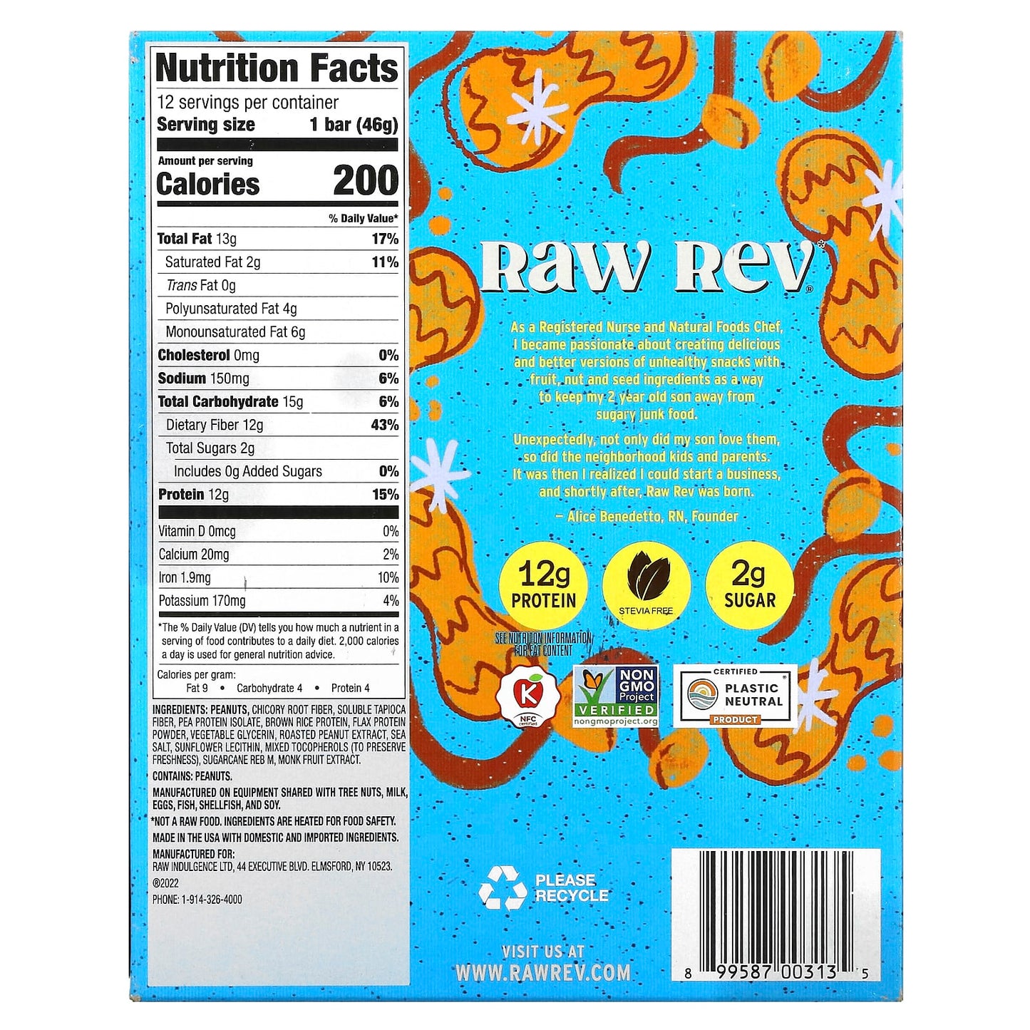 Raw Rev, Plant-Based Protein Bar, Crunchy Peanut Butter & Sea Salt, 12 Bars, 1.6 oz (46 g) Each