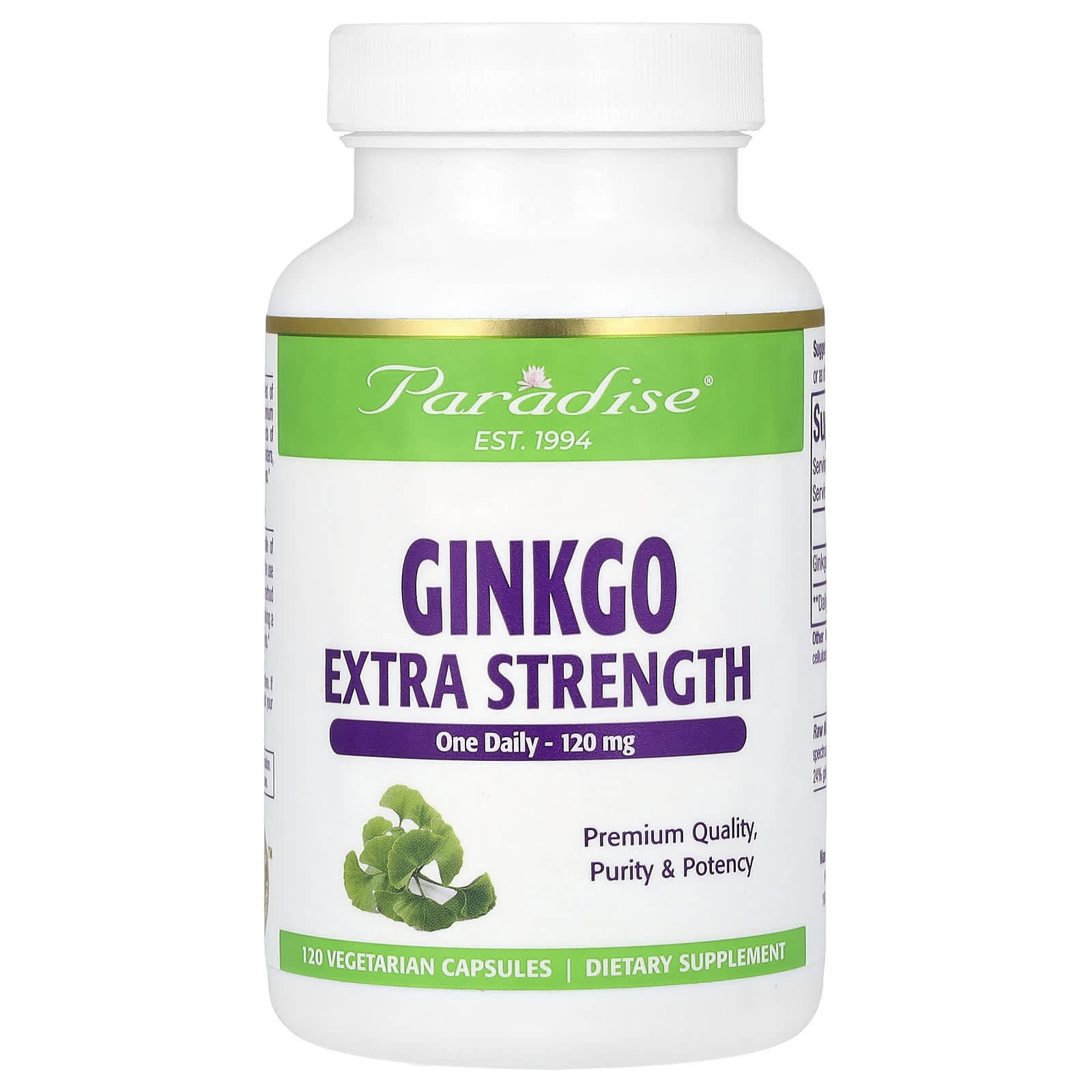 Paradise Herbs-Ginkgo-Extra Strength-120 mg-120 Vegetarian Capsules