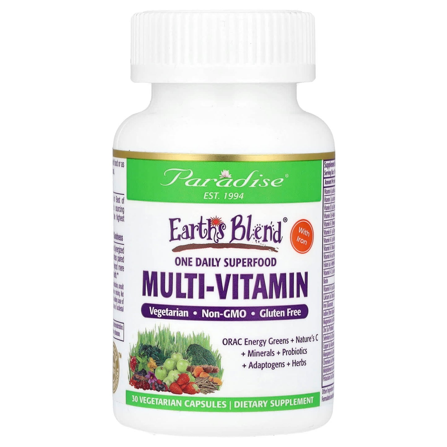 Paradise Herbs-Earth's Blend-One Daily Superfood Multi-Vitamin with Iron-30 Vegetarian Capsules