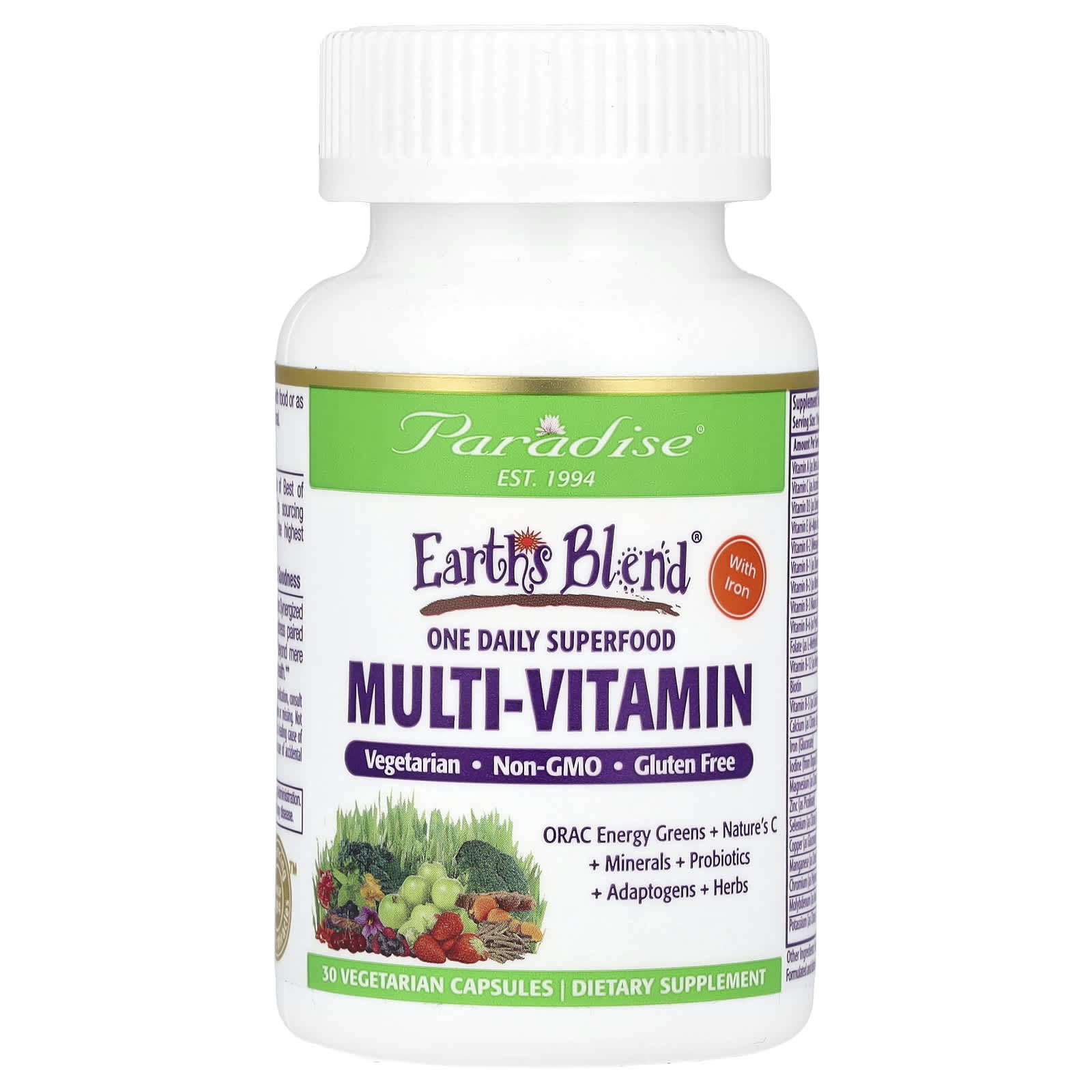 Paradise Herbs-Earth's Blend-One Daily Superfood Multi-Vitamin with Iron-30 Vegetarian Capsules