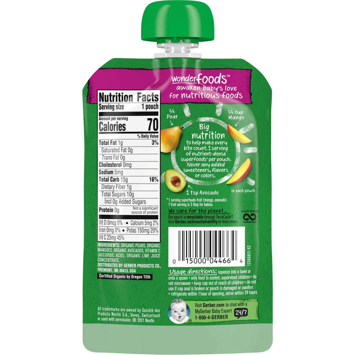 Gerber, Organic for Baby, Wonderfoods, 2nd Foods, Pear, Mango, Avocado, 3.5 oz (99 g)