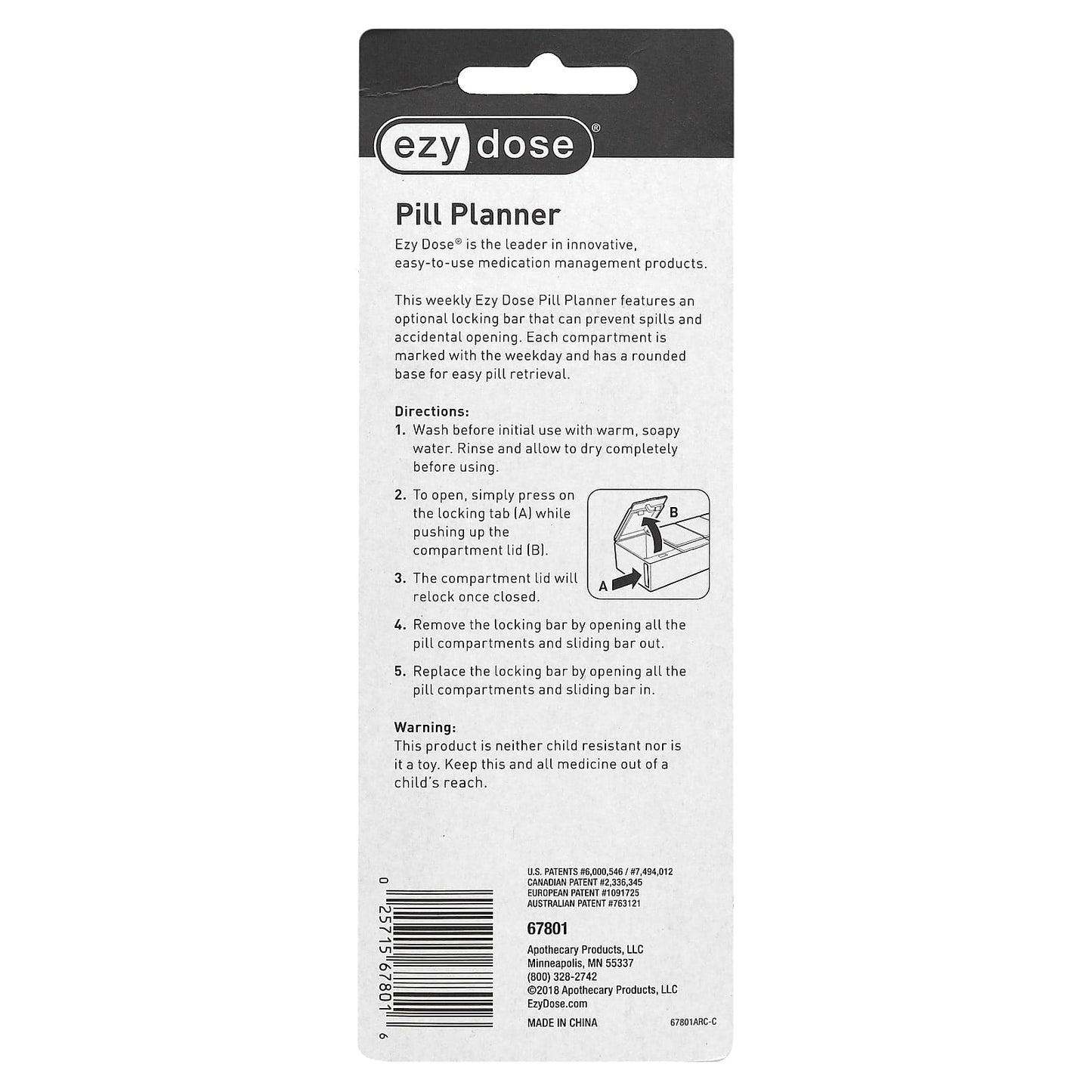 Ezy Dose, Weekly with Locking Device Pill Planner, Small, 1 Count