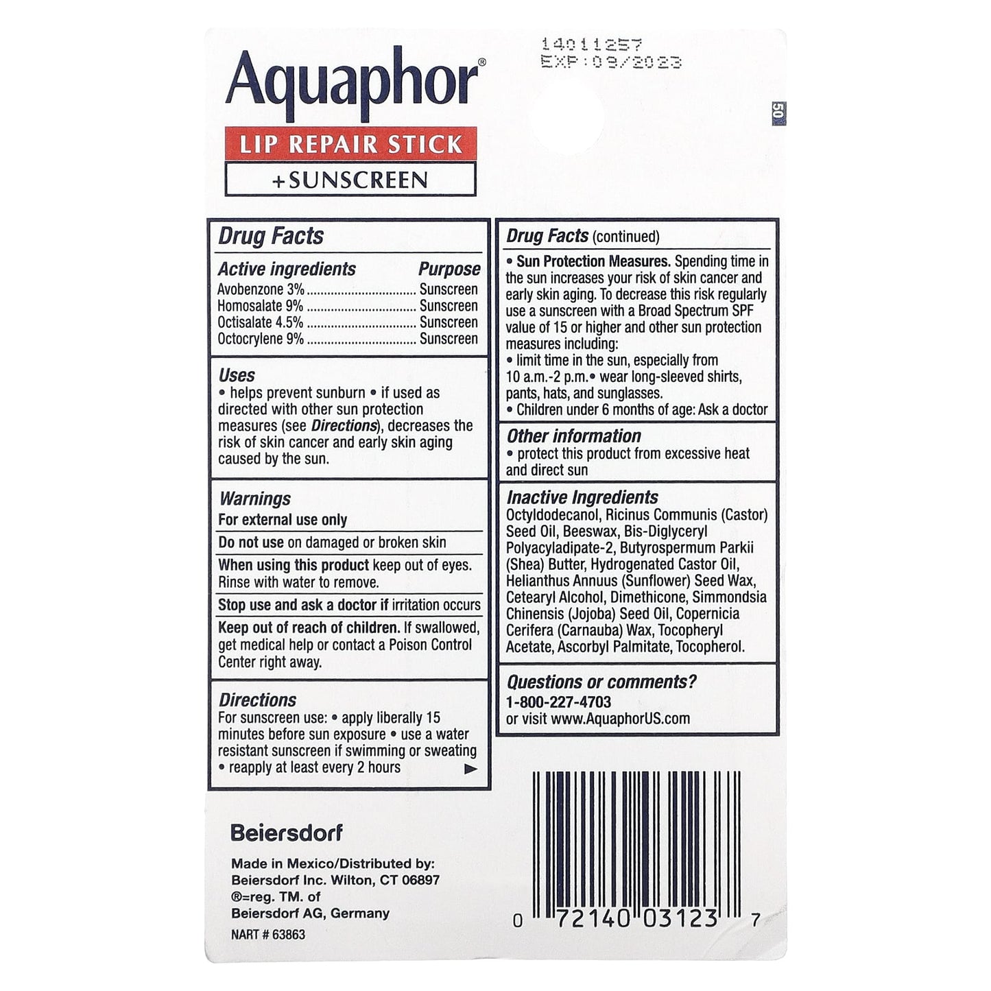 Aquaphor, Lip Repair Stick + Sunscreen, SPF 30, Fragrance Free, Dual Pack, 2 Sticks, 0.17 oz (4.8 g) Each