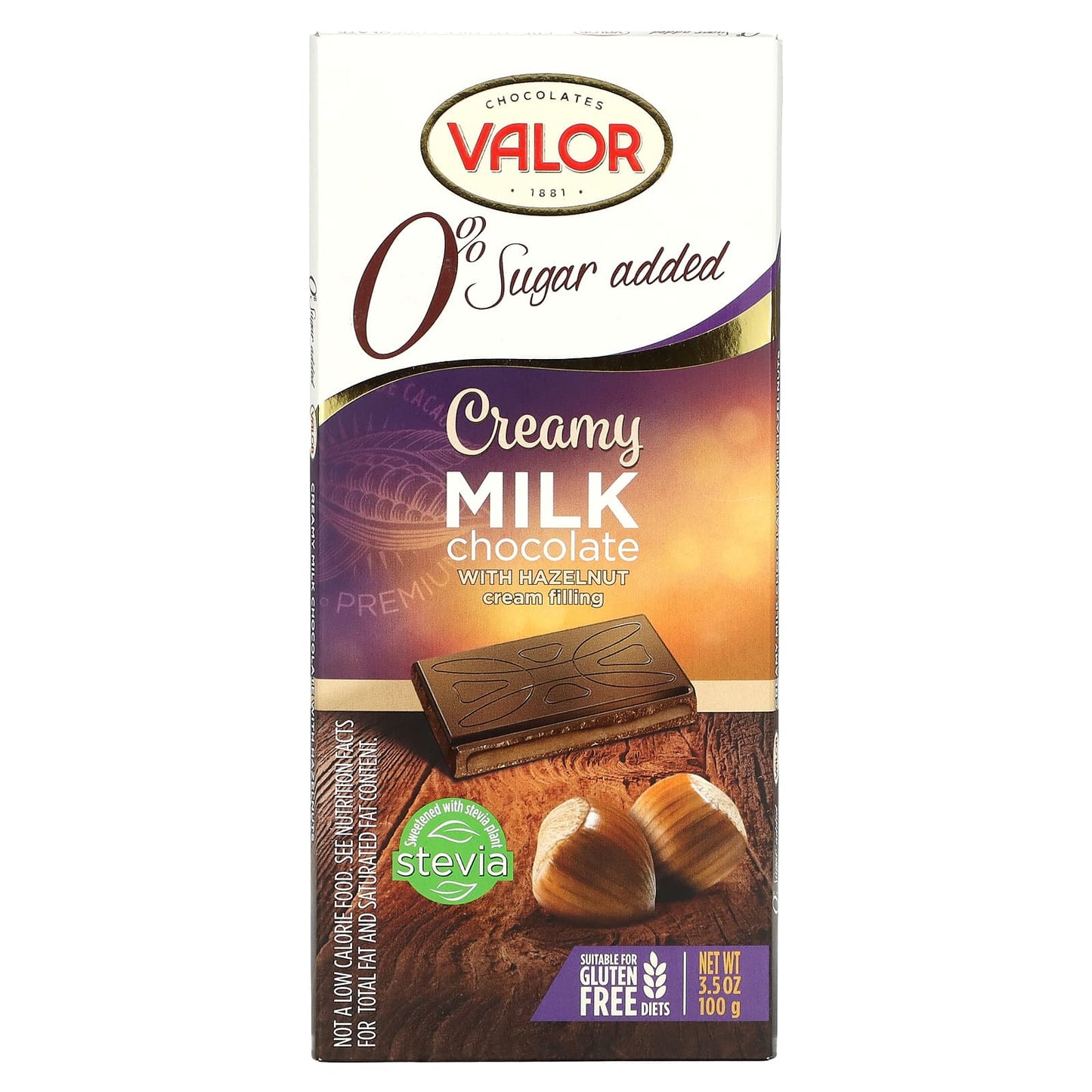 Valor-0% Sugar Added-Creamy Milk Chocolate with Hazelnut Cream Filling-3.5 oz (100 g)