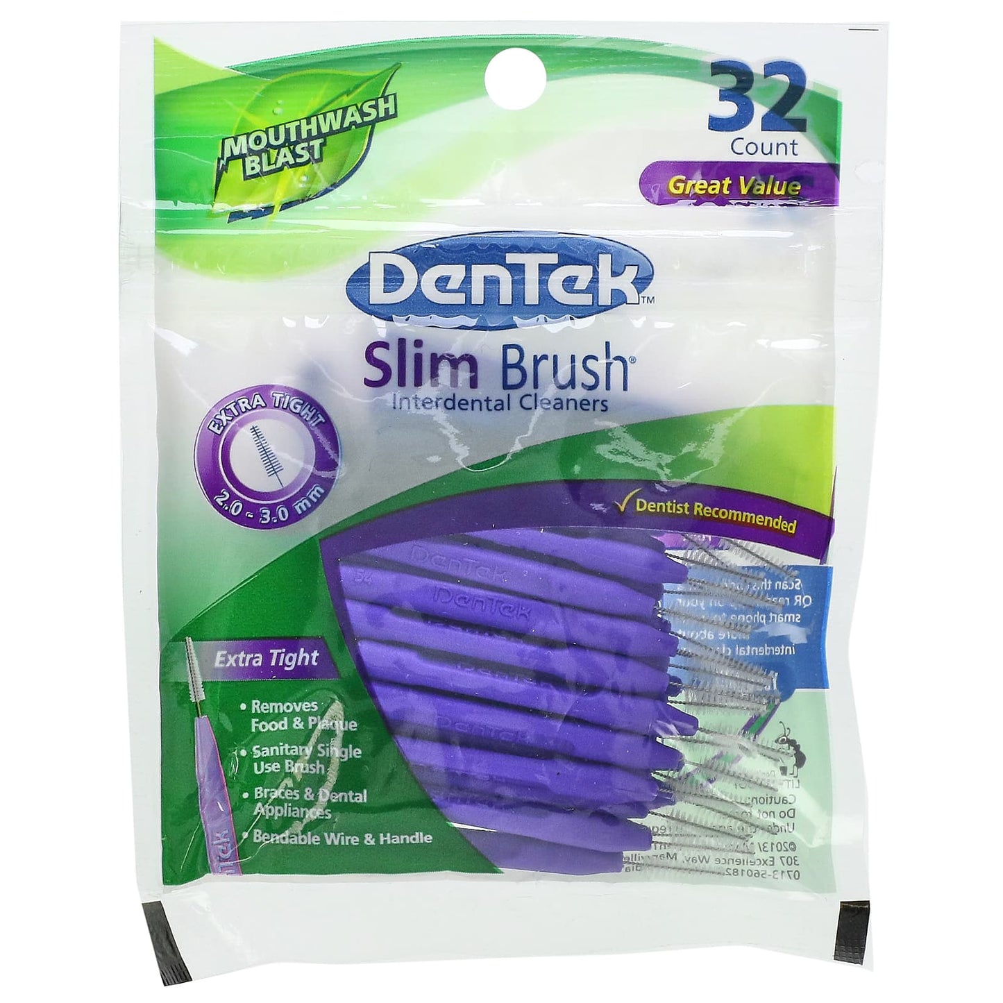 DenTek-Slim Brush Interdental Cleaners-Extra Tight-Mouthwash Blast-32 Count