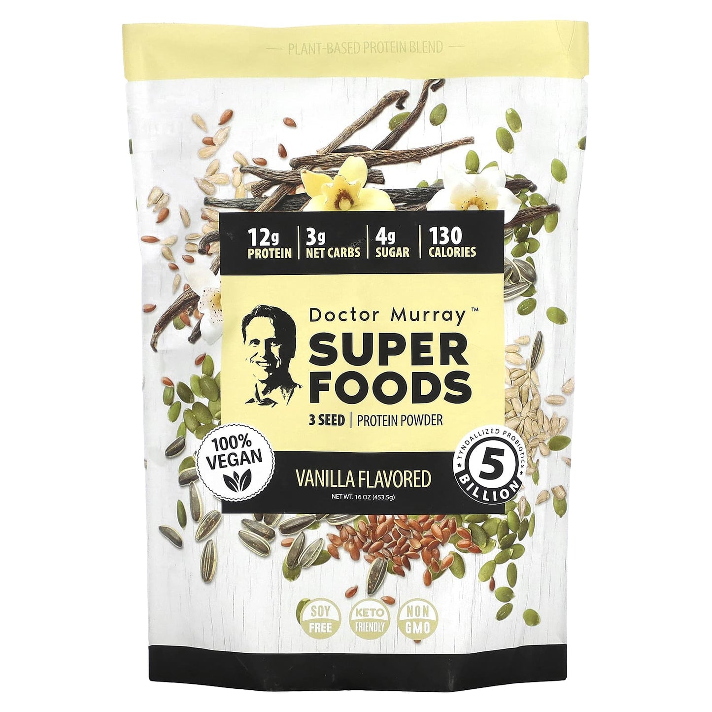 Dr. Murray's-Super Foods-3 Seed ( Pumpkin-Flax-Sunflower ) Vegan Protein Powder-Vanilla-16 oz (453.5 g)