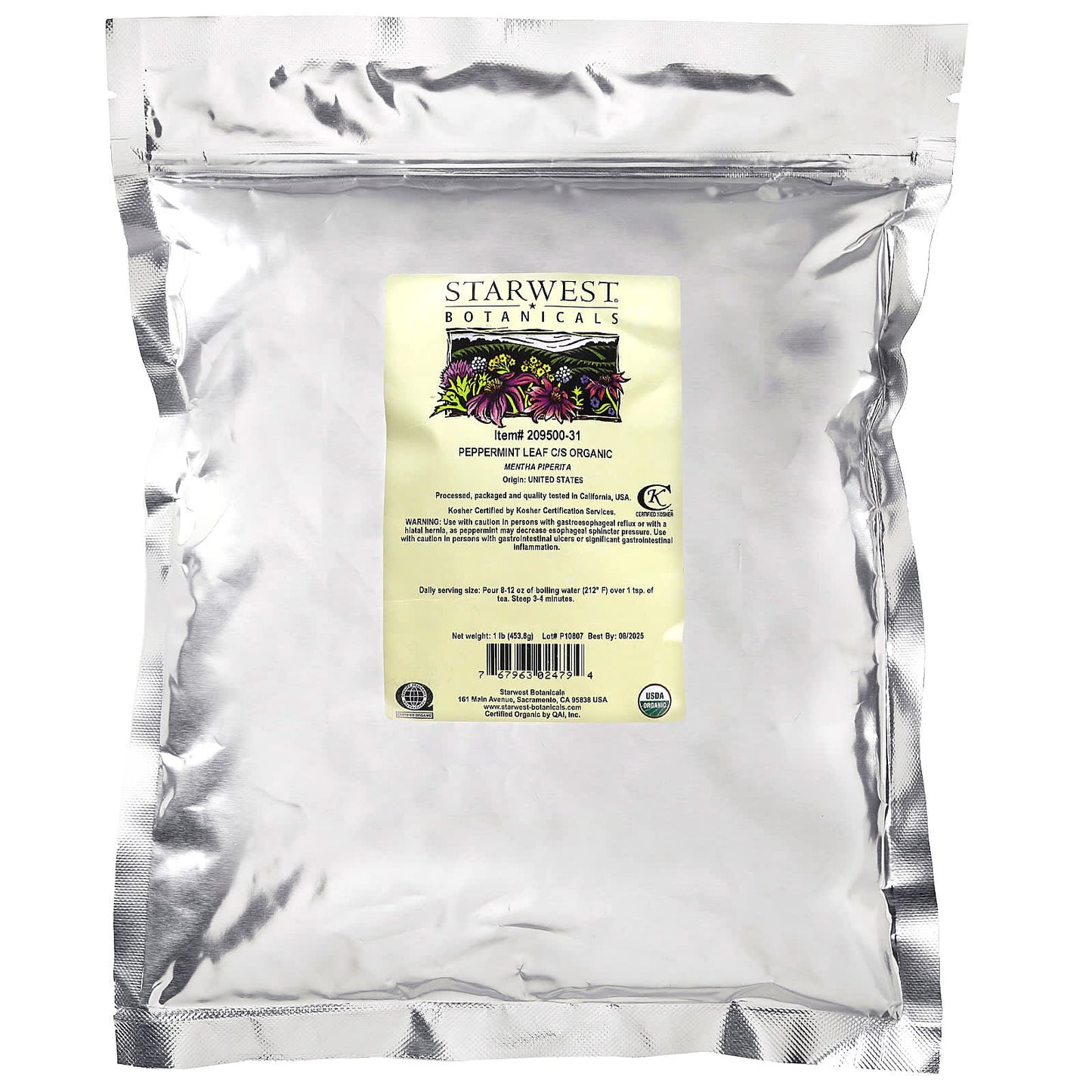 Starwest Botanicals, Organic Peppermint Leaf C/S, 1 lb (453.6 g)