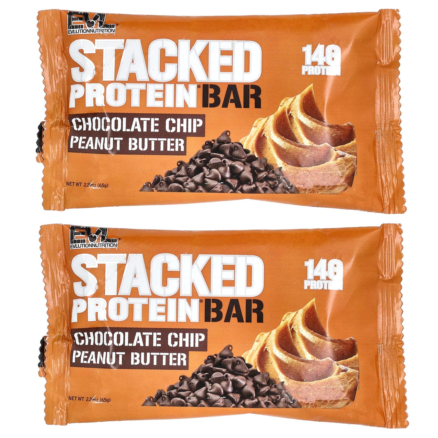 EVLution Nutrition-Stacked Protein Bar-Chocolate Chip Peanut Butter-2 Bars-2.29 oz (65 g) Each