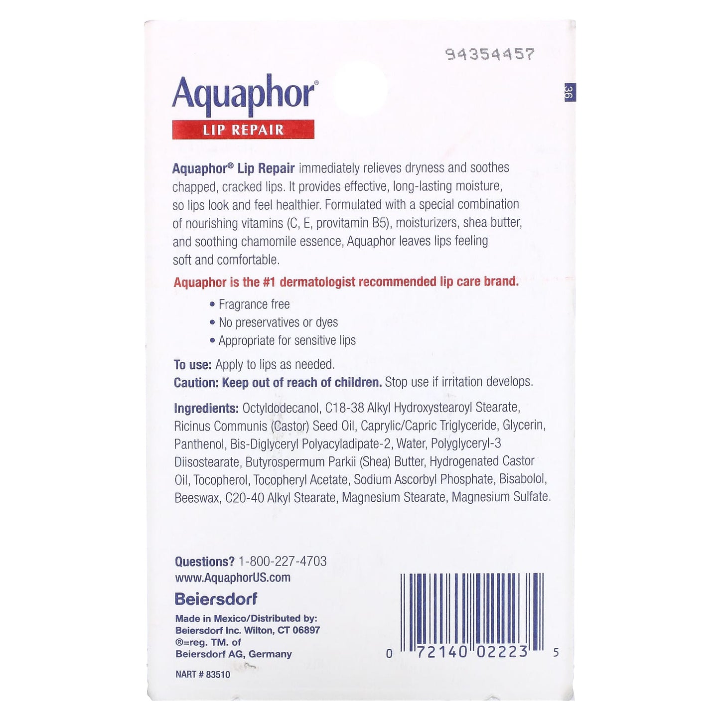 Aquaphor, Lip Repair, Immediate Relief, Fragrance Free, 2 Tubes, 0.35 fl oz (10 ml) Each