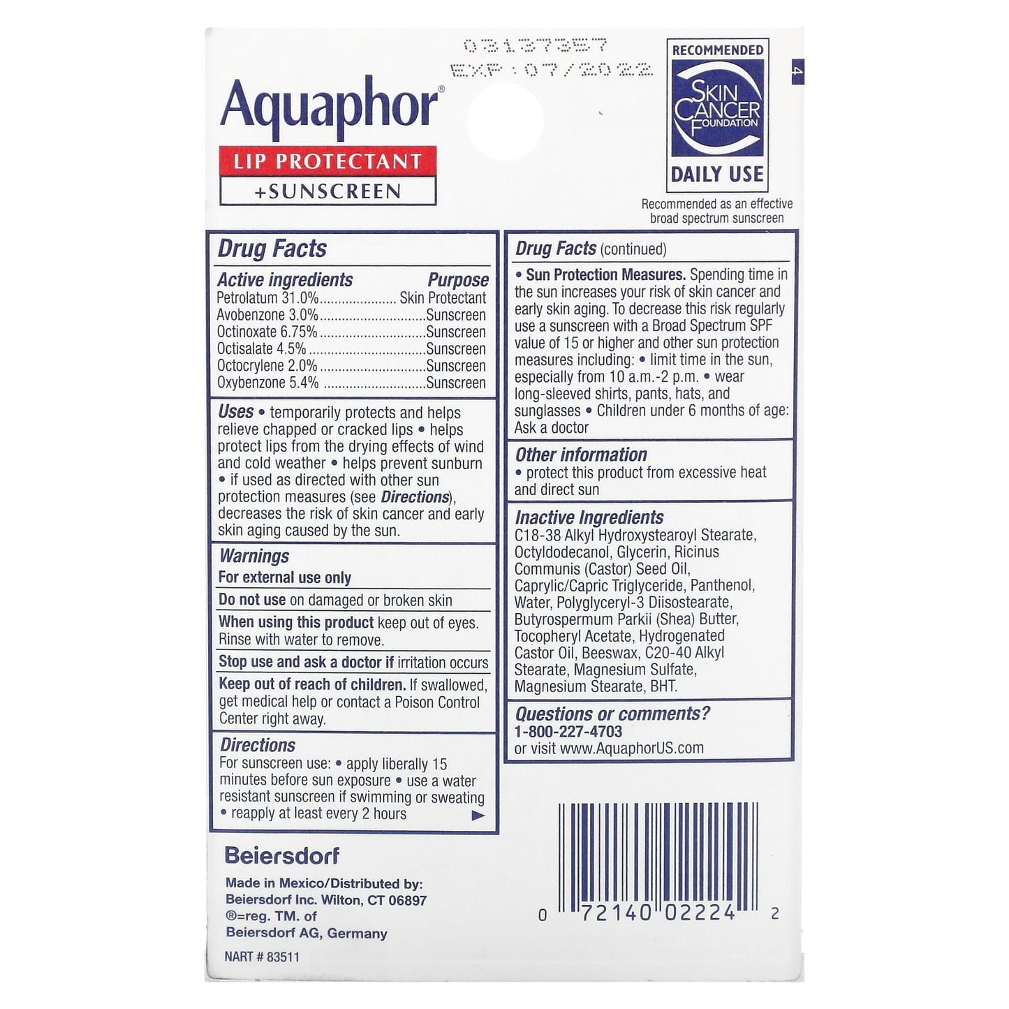 Aquaphor, Lip Protectant + Sunscreen, SPF 30, 2 Tubes, 0.35 fl oz (10 ml) Each