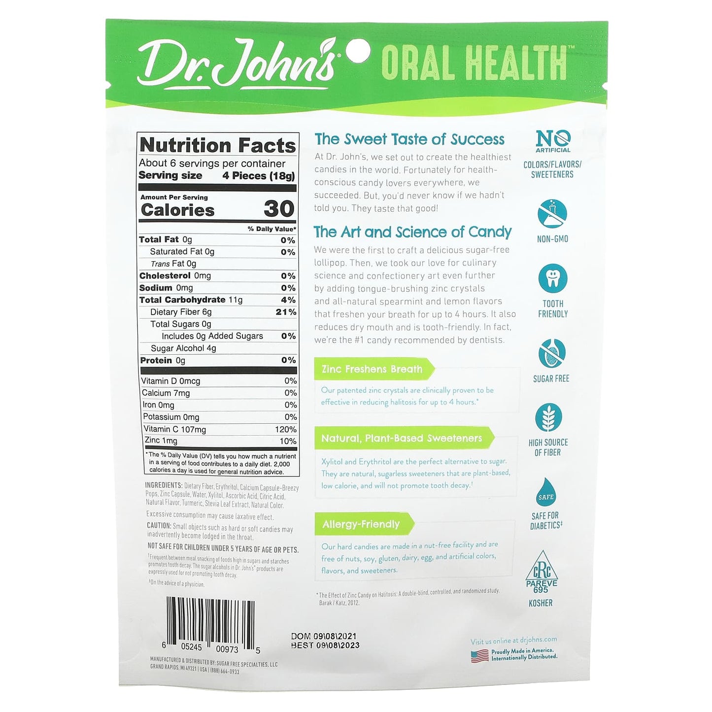 Dr. John's Healthy Sweets, Oral Health, Fresh Breath Drops, + Zinc Crystals, Lemon Spearmint, Sugar Free, 24 Individually Wrapped Candies, 3.85 oz (109 g)