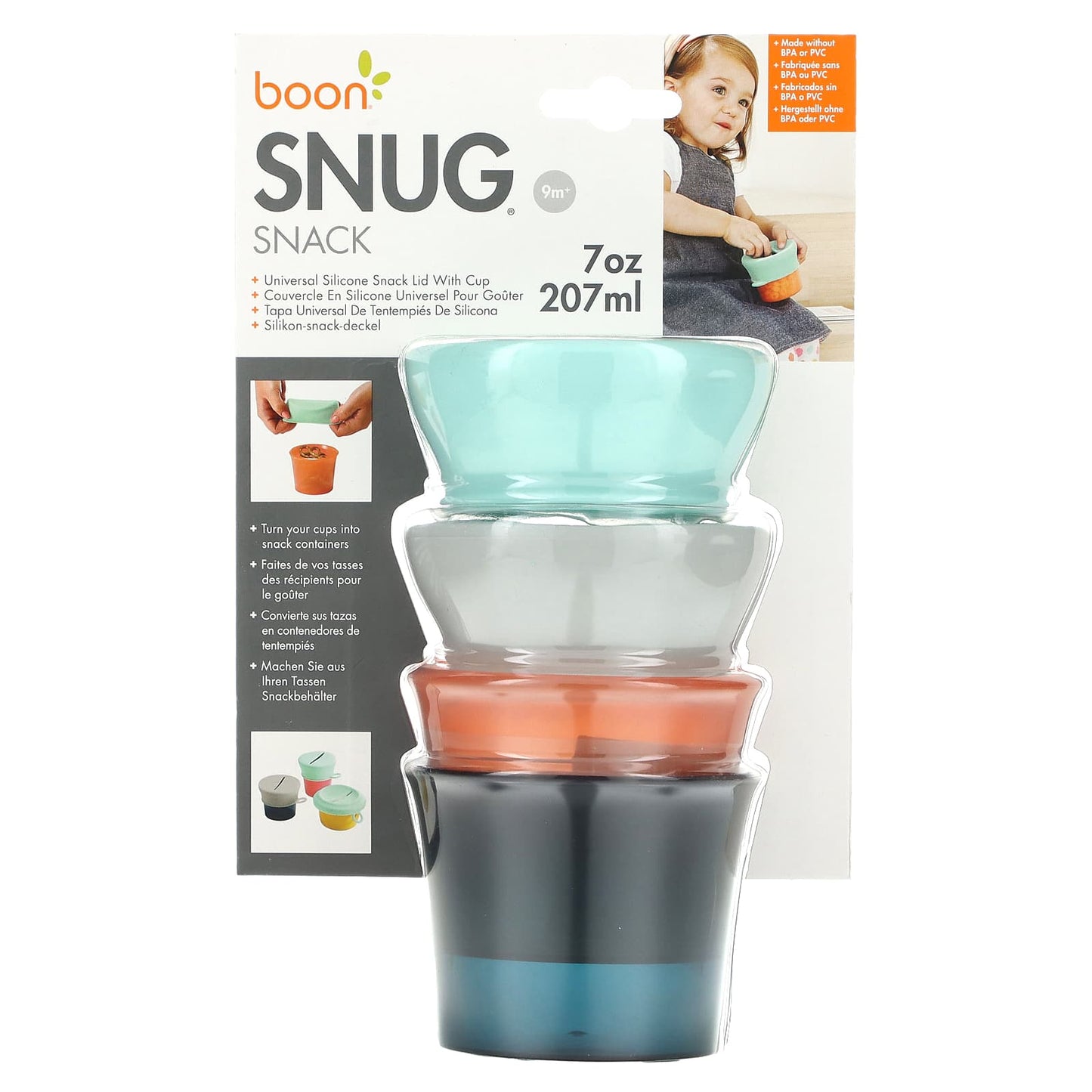 Boon-Snug Snack-Universal Silicone Snack Lid with Cup-9m+-2 Cups & 2 Lids-7 oz (207 ml) Each