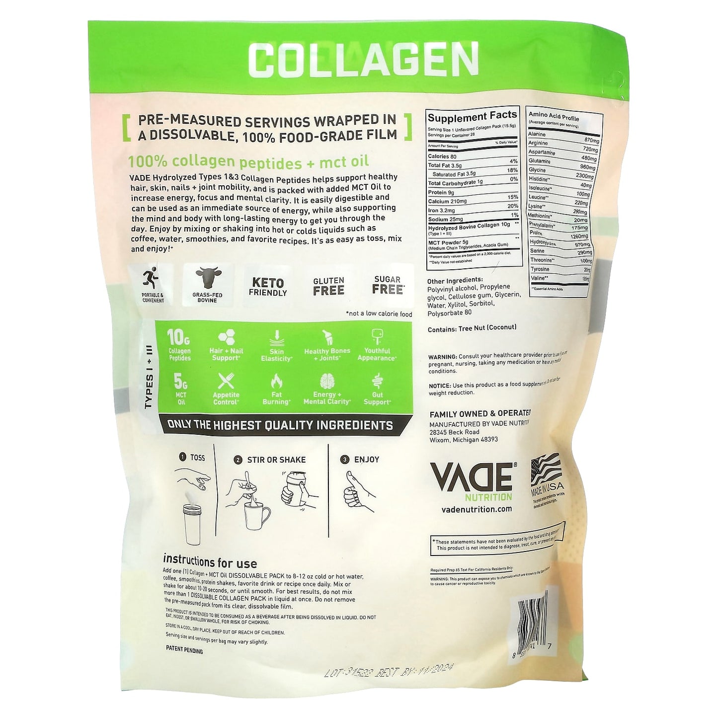 Vade Nutrition, Dissolvable Collagen Packs, Collagen + MCT Oil, Unflavored, 0.96 lb (434 g)