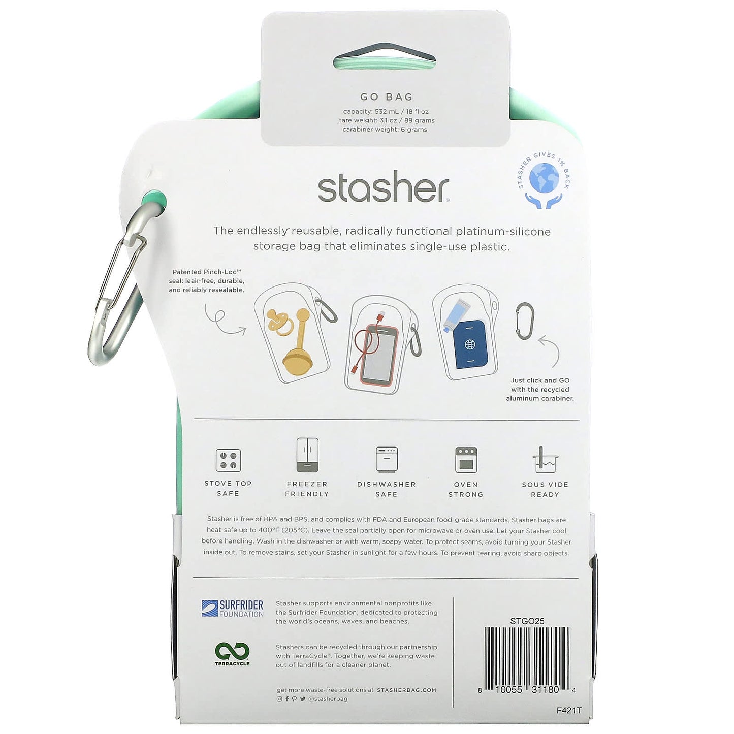 Stasher, Stasher, Go Bag, Green, 1 Bag, 18 fl oz (532 ml)