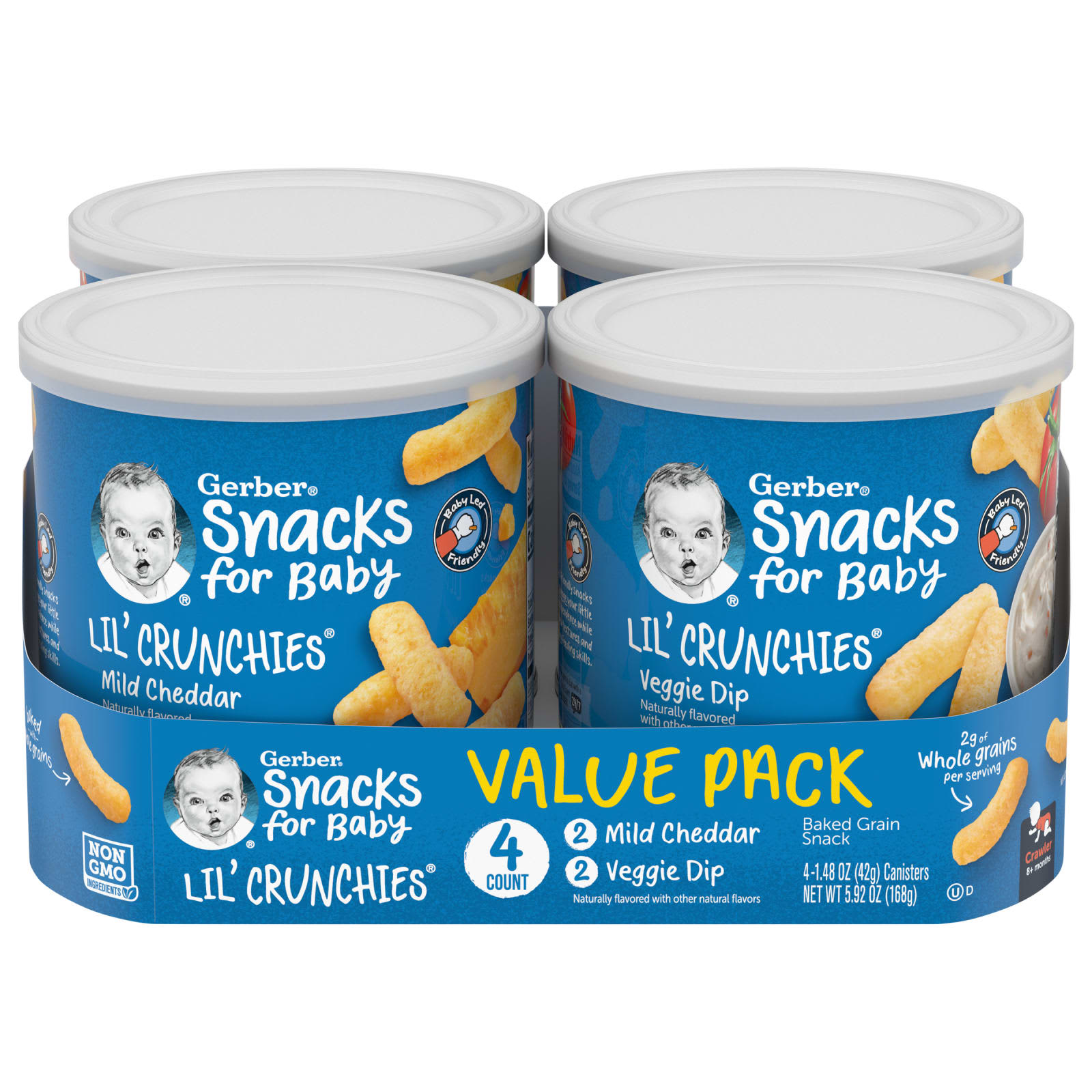 Gerber-Snacks for Baby-Lil' Crunchies-Baked Grain Snack-8+ Months-Mild Cheddar and Veggie Dip-4 Canisters-1.48 oz (42 g) Each