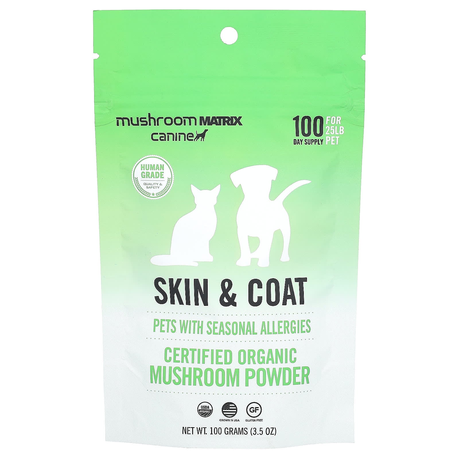 Mushroom Matrix Canine-Skin & Coat-Certified Organic Mushroom Powder-For Cats and Dogs-For 25 lb Pet-For Dogs and Cats-3.5 oz (100 g)