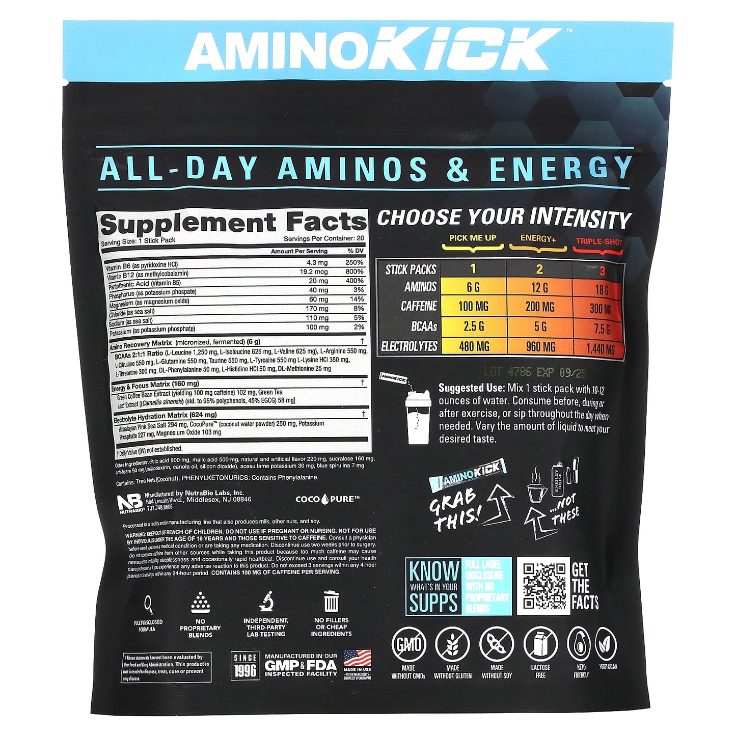 NutraBio, Amino Kick, Blue Raspberry, 20 Stick Packs, 0.32 oz (9 g) Each