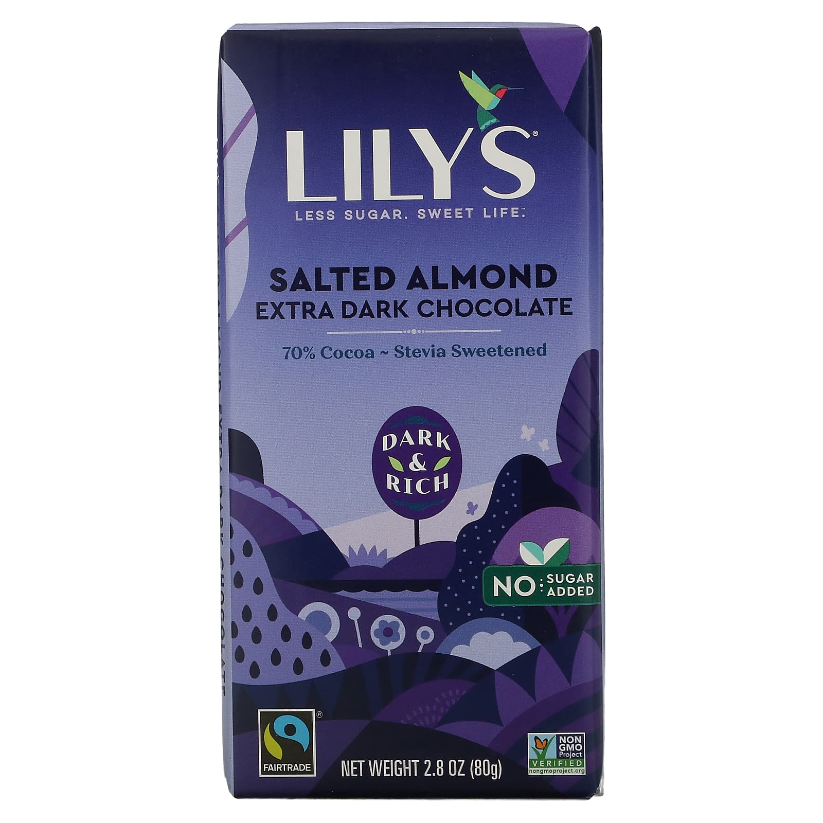 Lily's Sweets-Extra Dark Chocolate Bar-Salted Almond-70% Cocoa-2.8 oz (80 g)