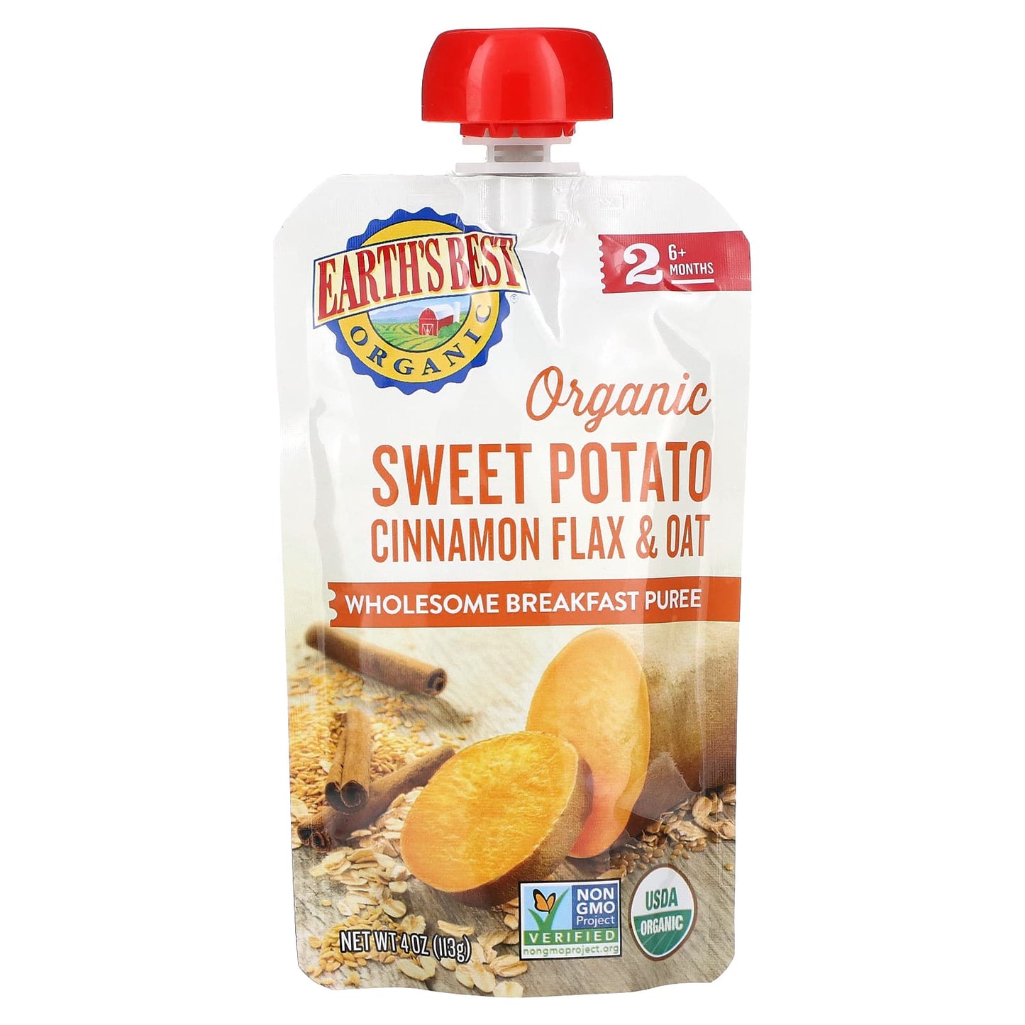 Earth's Best-Organic Wholesome Breakfast Puree-6+ Months-Sweet Potato Cinnamon Flax & Oat-4 oz (113 g)