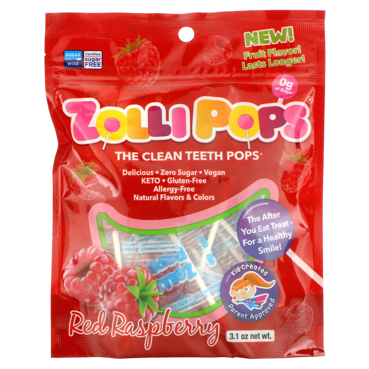 Zollipops-The Clean Teeth Pops-Red Raspberry-3.1 oz