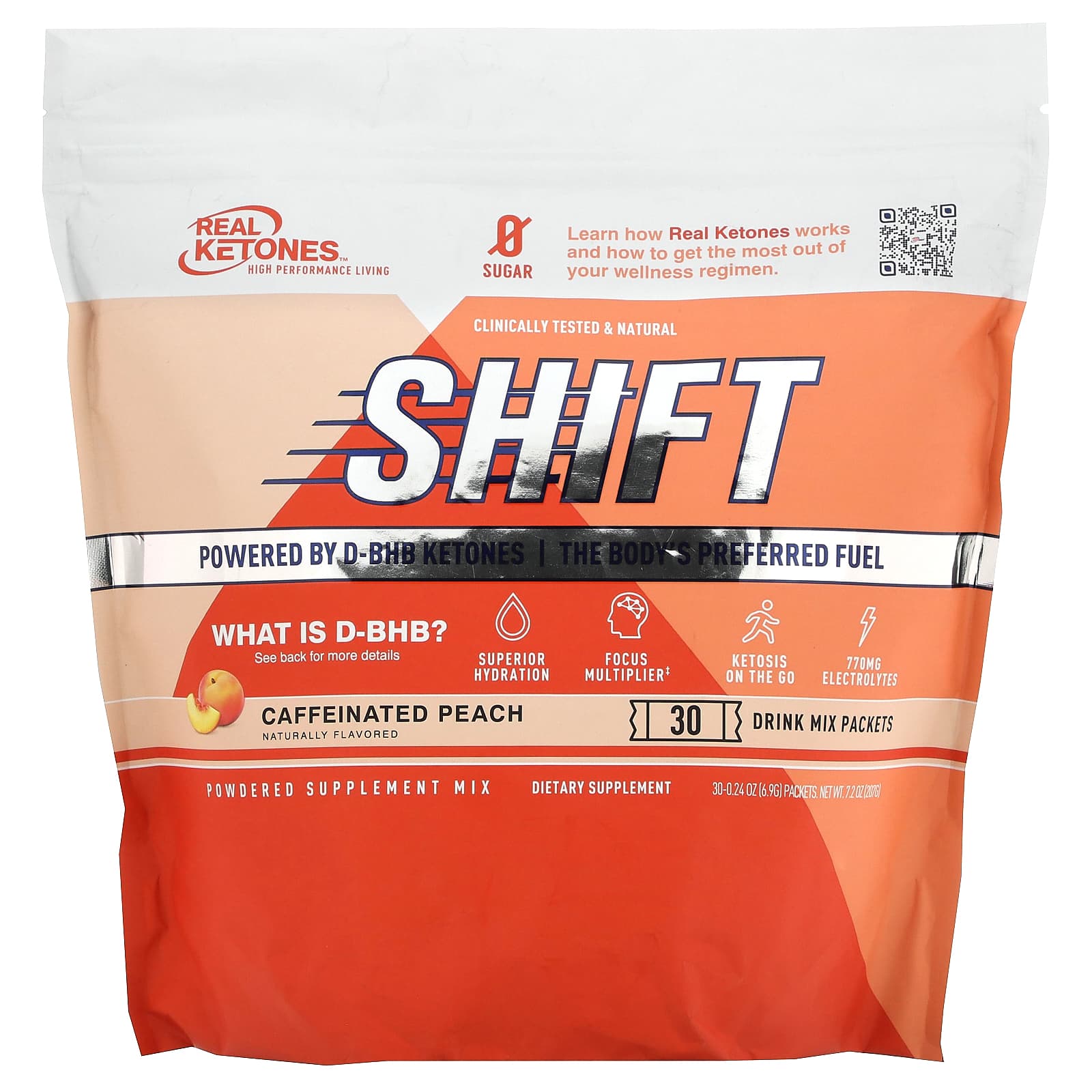 Real Ketones-Shift-Caffeinated Peach-30 Drink Mix Packets- 0.23 oz (6.4 g) Each