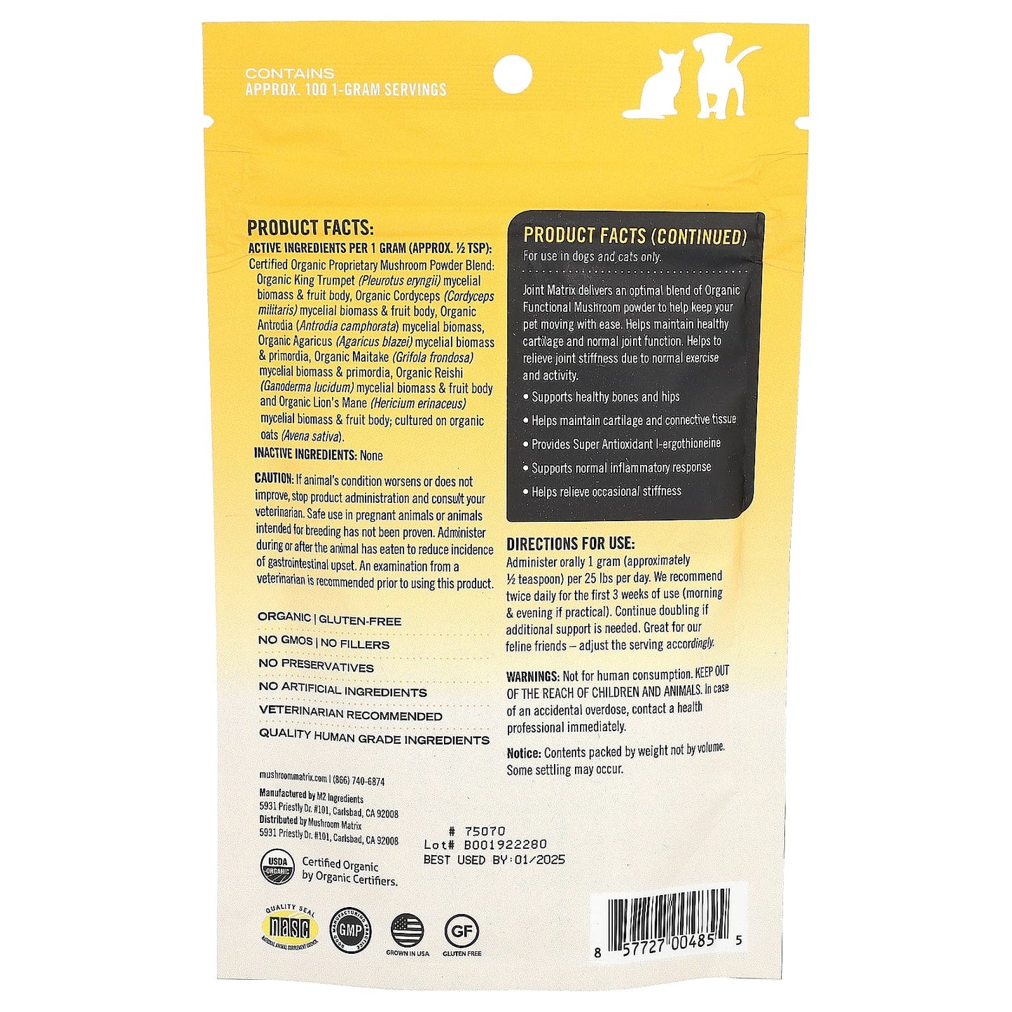 Mushroom Matrix Canine, Joint, Certified Organic Mushroom Powder, For 25 lb Pet, For Dogs and Cats, 3.57 oz (100 g)