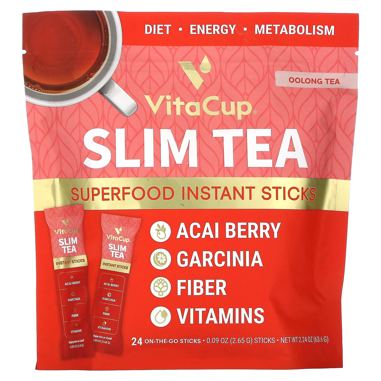 VitaCup-Slim Tea-Superfood Instant Sticks-Oolong Tea-24 On-The-Go Sticks-0.09 oz (2.65 g) Each