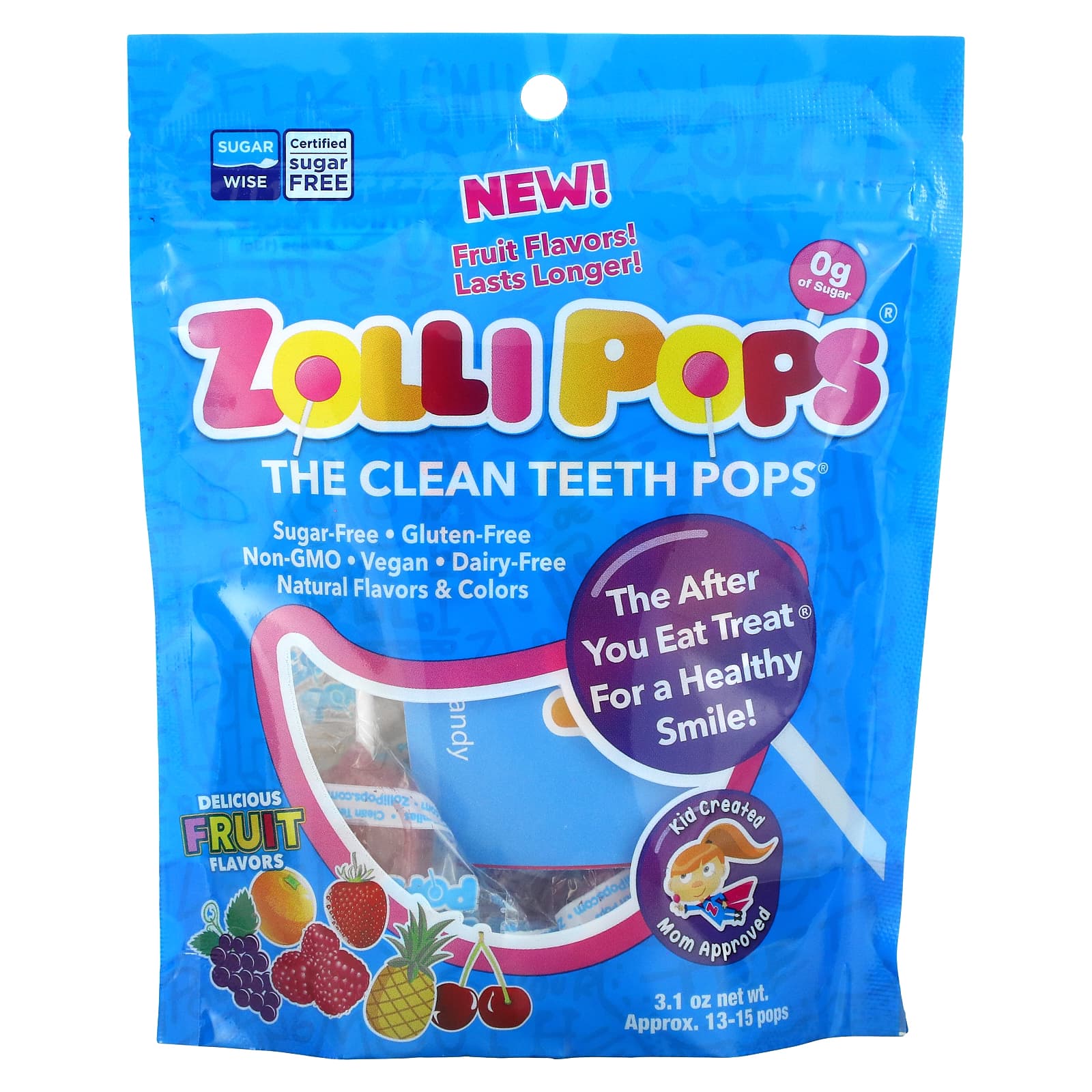 Zollipops-The Clean Teeth Pops-Delicious Fruit Flavors -Approx. 13 - 15 Pops-3.1 oz