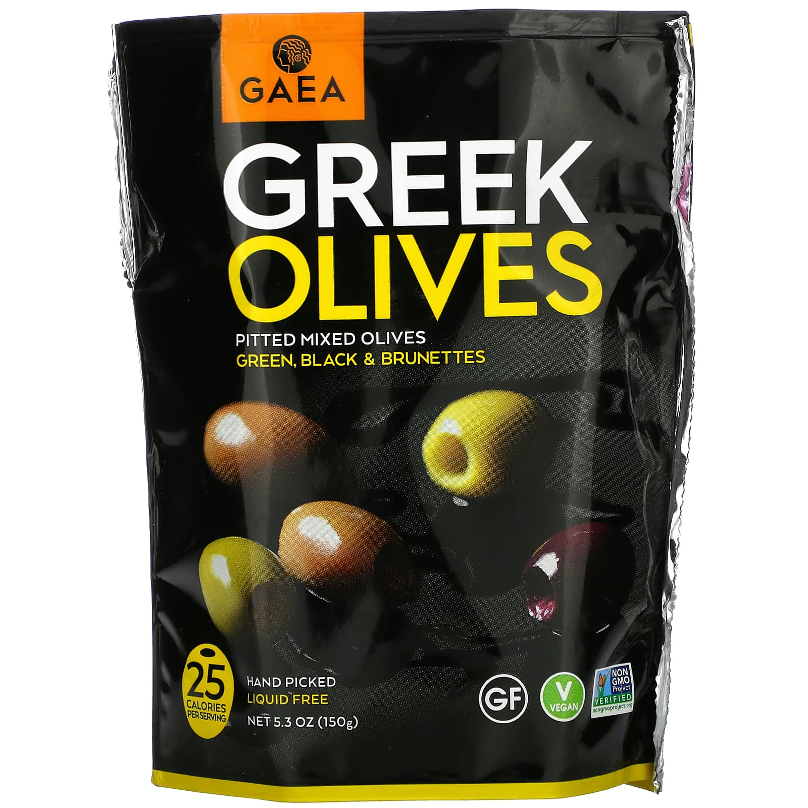 Gaea-Greek Olives-Pitted Mixed Olives-Green-Black & Brunettes-5.3 oz (150 g)