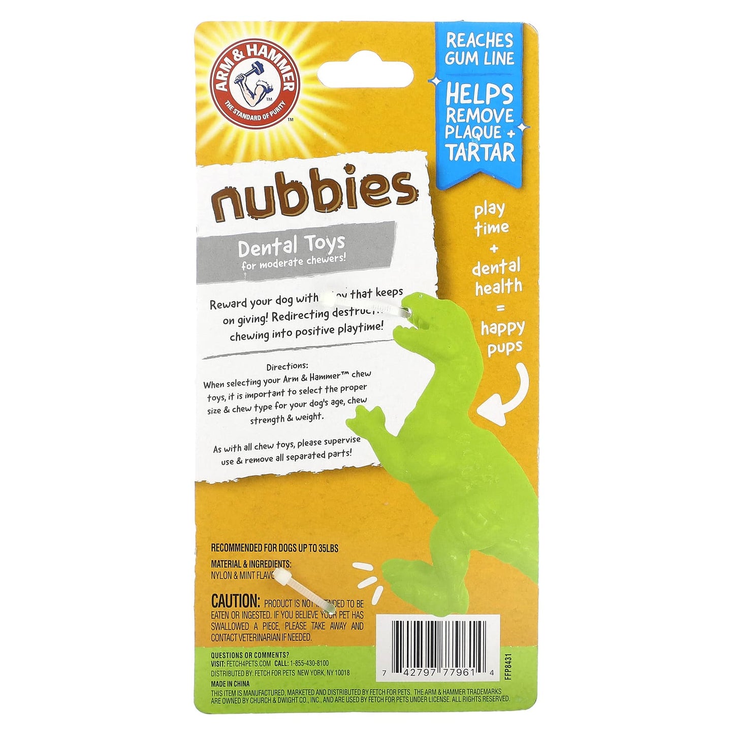 Arm & Hammer, Nubbies, Dental Toys for Moderate Chewers, T-Rex, Mint, 1 Toy