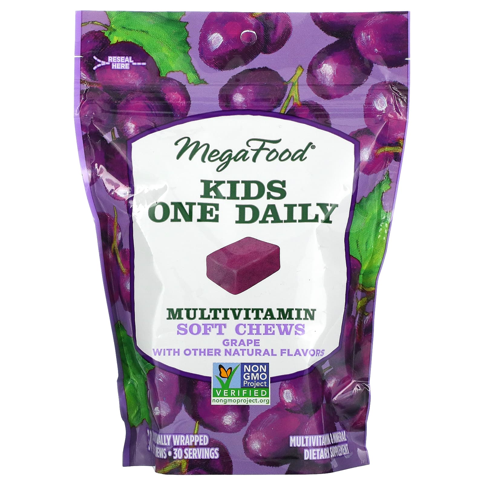 MegaFood-Kids One Daily-Multivitamin Soft Chews-Grape-30 Individually Wrapped Soft Chews