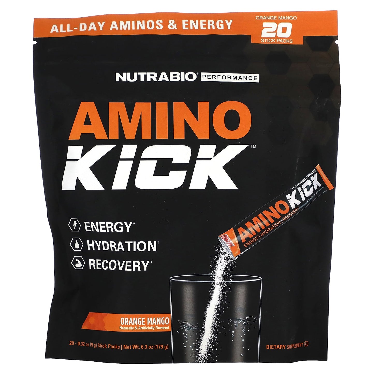 NutraBio-Amino Kick-Orange Mango-20 Stick Packs-0.32 oz (9 g) Each