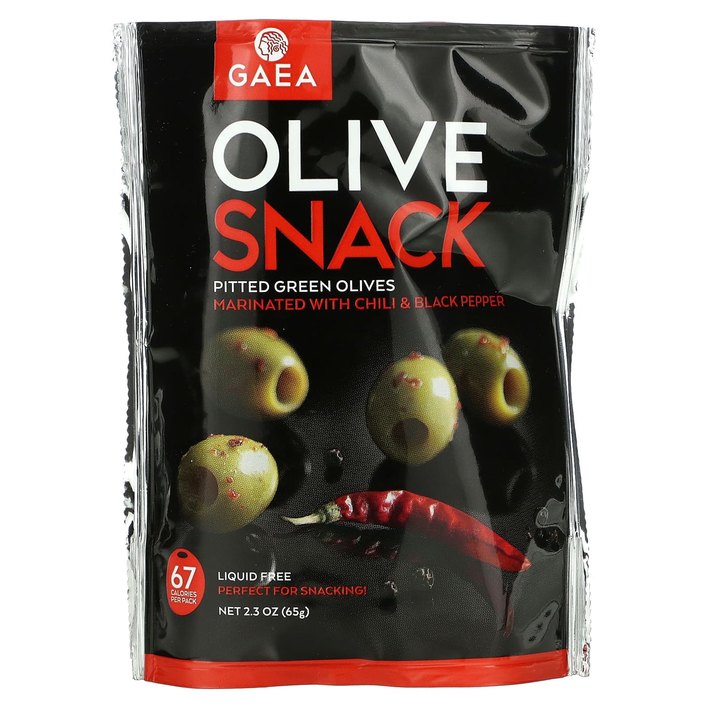 Gaea-Olive Snack-Pitted Green Olives-Marinated With Chili & Black Pepper-2.3 oz (65 g)