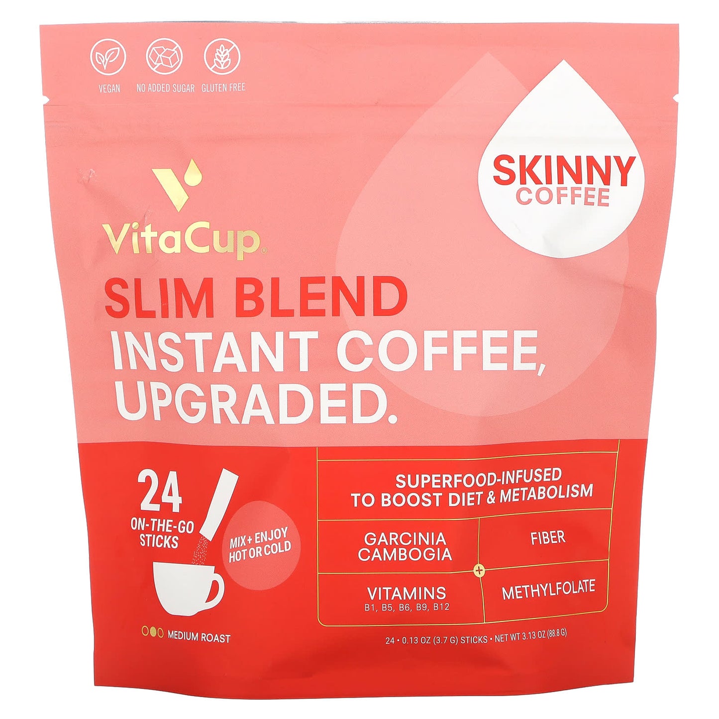 VitaCup-Slim Blend Instant Coffee-Medium Roast-24 On-The-Go Sticks-0.13 oz (3.7 g) Each