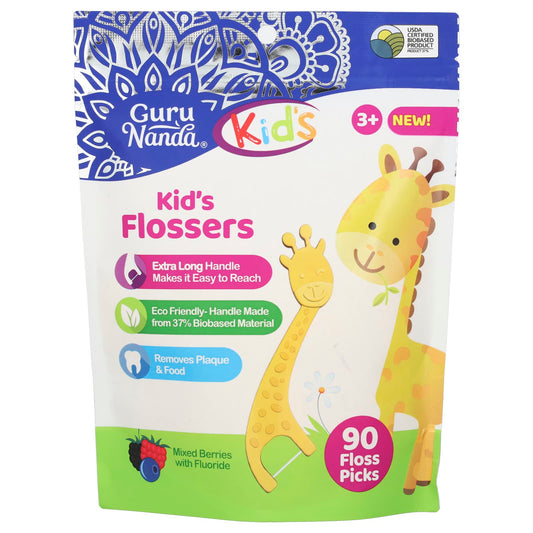 GuruNanda-Kids-Kid's Flossers-Ages 3+-Mixed Berries With Flouride-90 Floss Picks