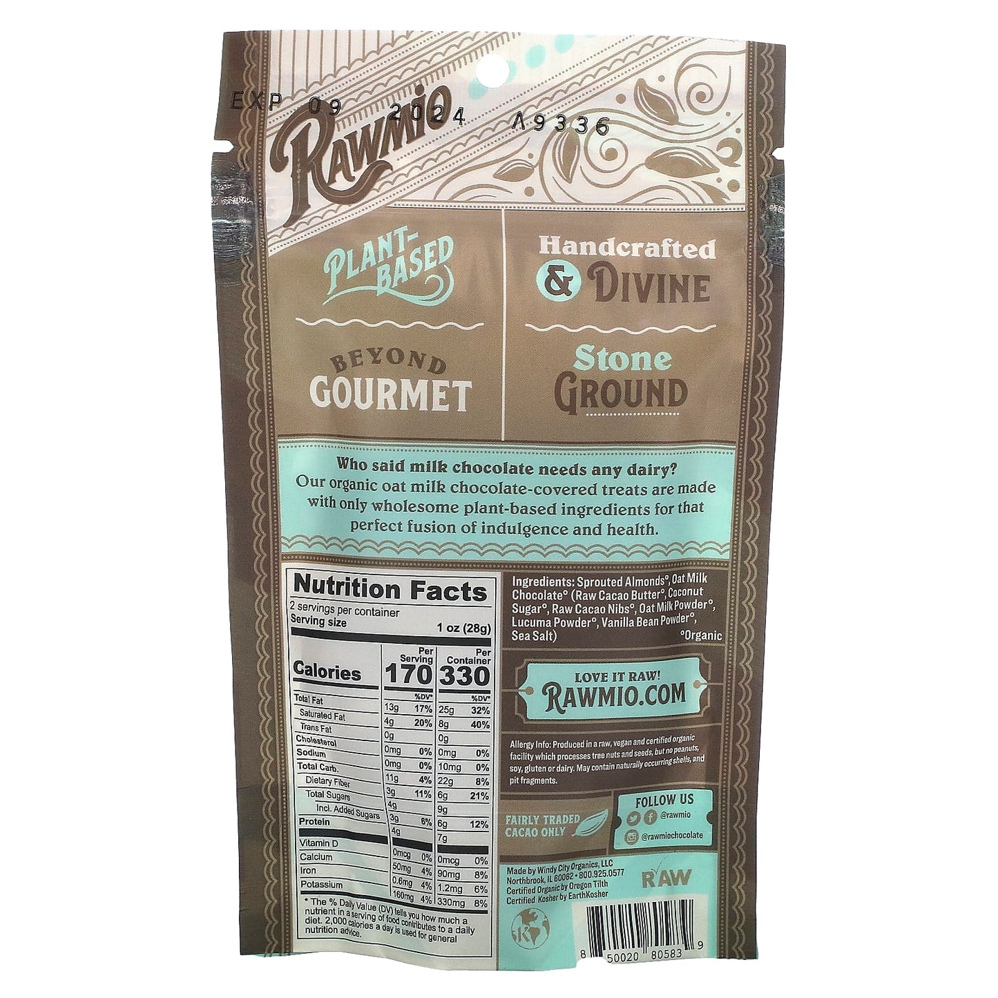 Rawmio, Oat Milk Chocolate Covered Sprouted Almonds, 2 oz (56.7 g)